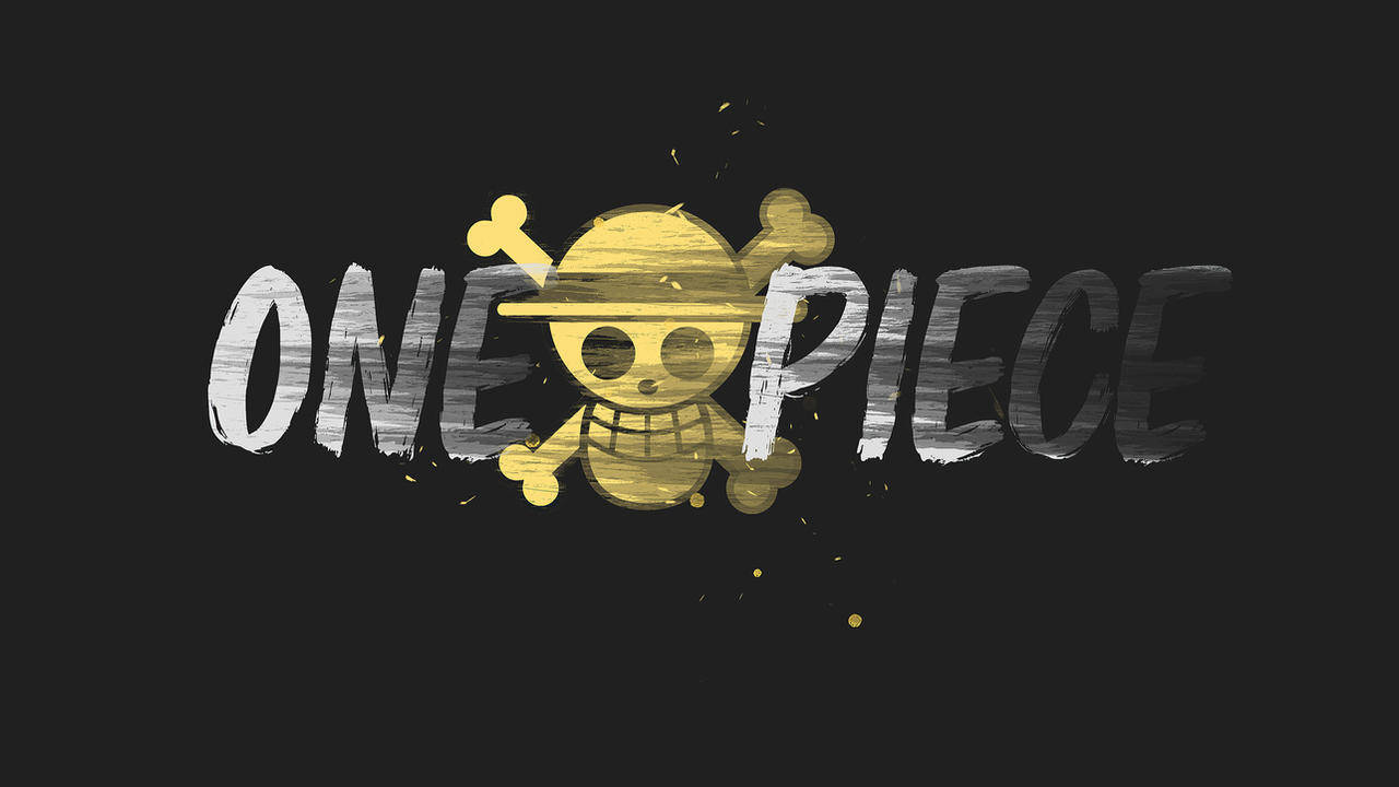 航海王標誌 桌布 壁紙 — 一個大膽的One Piece標誌，中央有一個金色的骷髏頭和交叉骨，置於帶有潑漆效果的深色背景上。