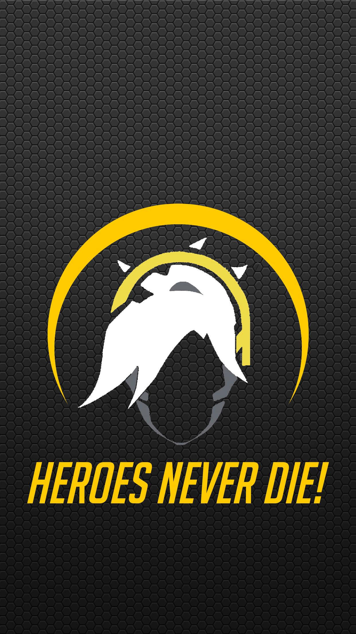 鬥陣特攻 桌布 壁紙 — 一個大膽的Overwatch標誌，在深色六邊形紋理背景上，有一個白色風格化的英雄頭像和黃色弧線，並帶有文字heroes never die。