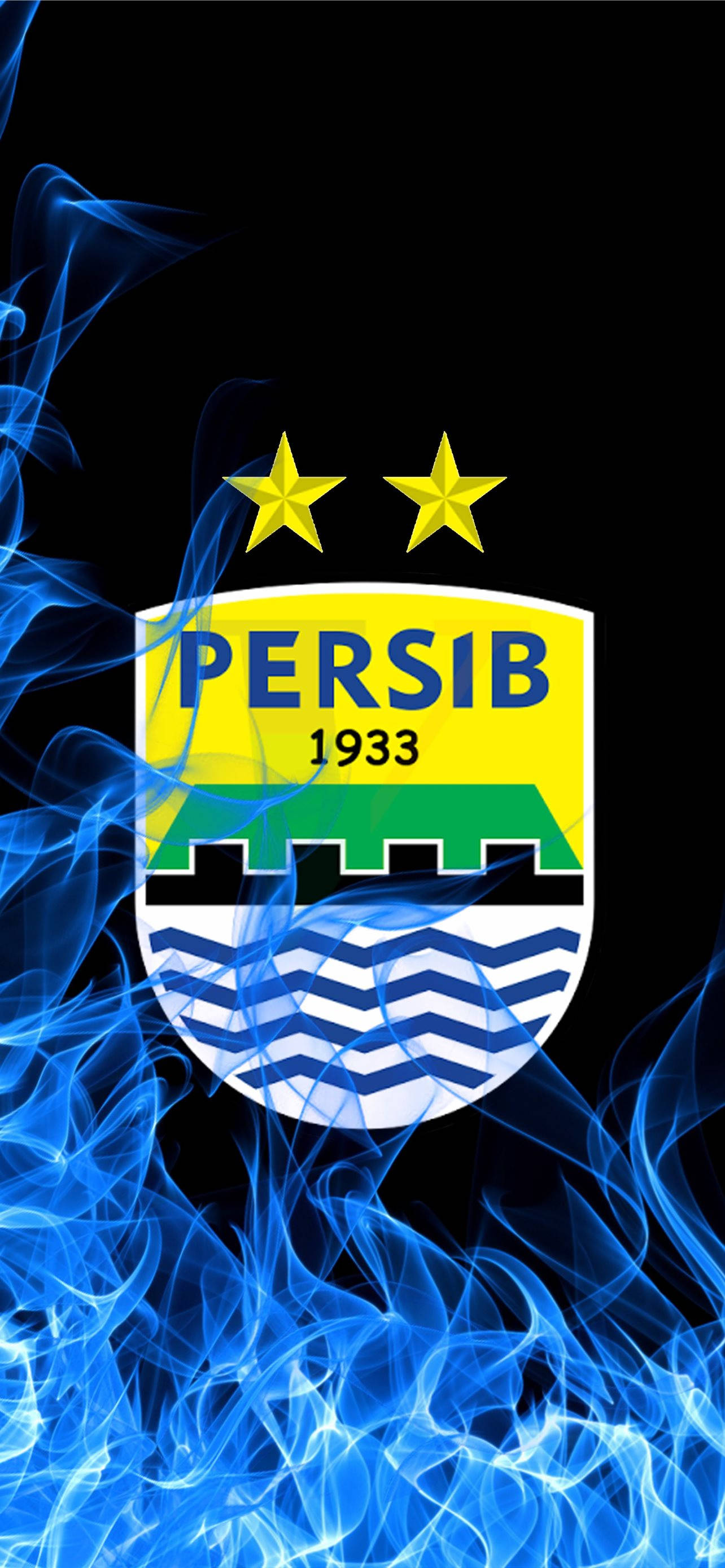 足球 桌布 壁紙 — 一個大膽的Persib 1933足球俱樂部徽章，帶有兩顆金星，在黑色背景上發光，周圍環繞著動態的藍色火焰效果。