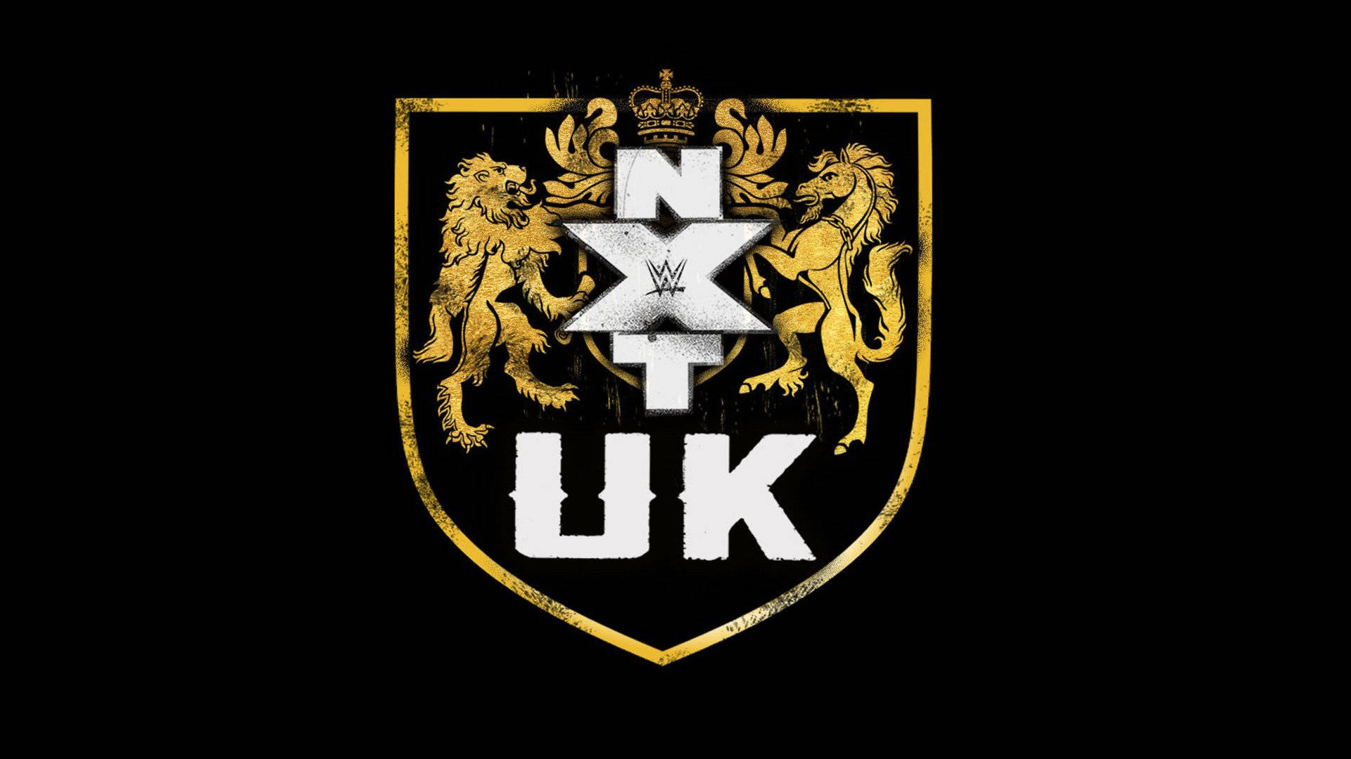 nxt 桌布 壁紙 — 一個大膽的WWE NXT UK標誌，金色獅子環繞著銀色星星，背景為黑色。