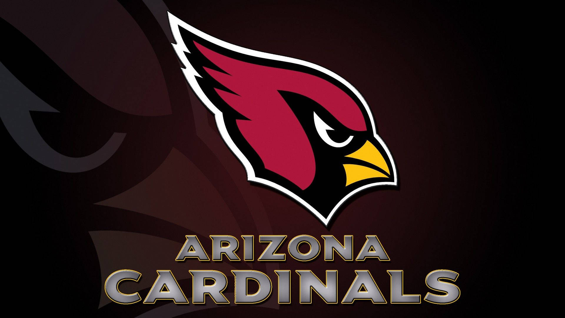 Cardinals 桌布 壁紙 — 一個大膽的亞利桑那紅雀隊標誌，在深栗色背景上有一個紅色的紅雀頭和金色字體。