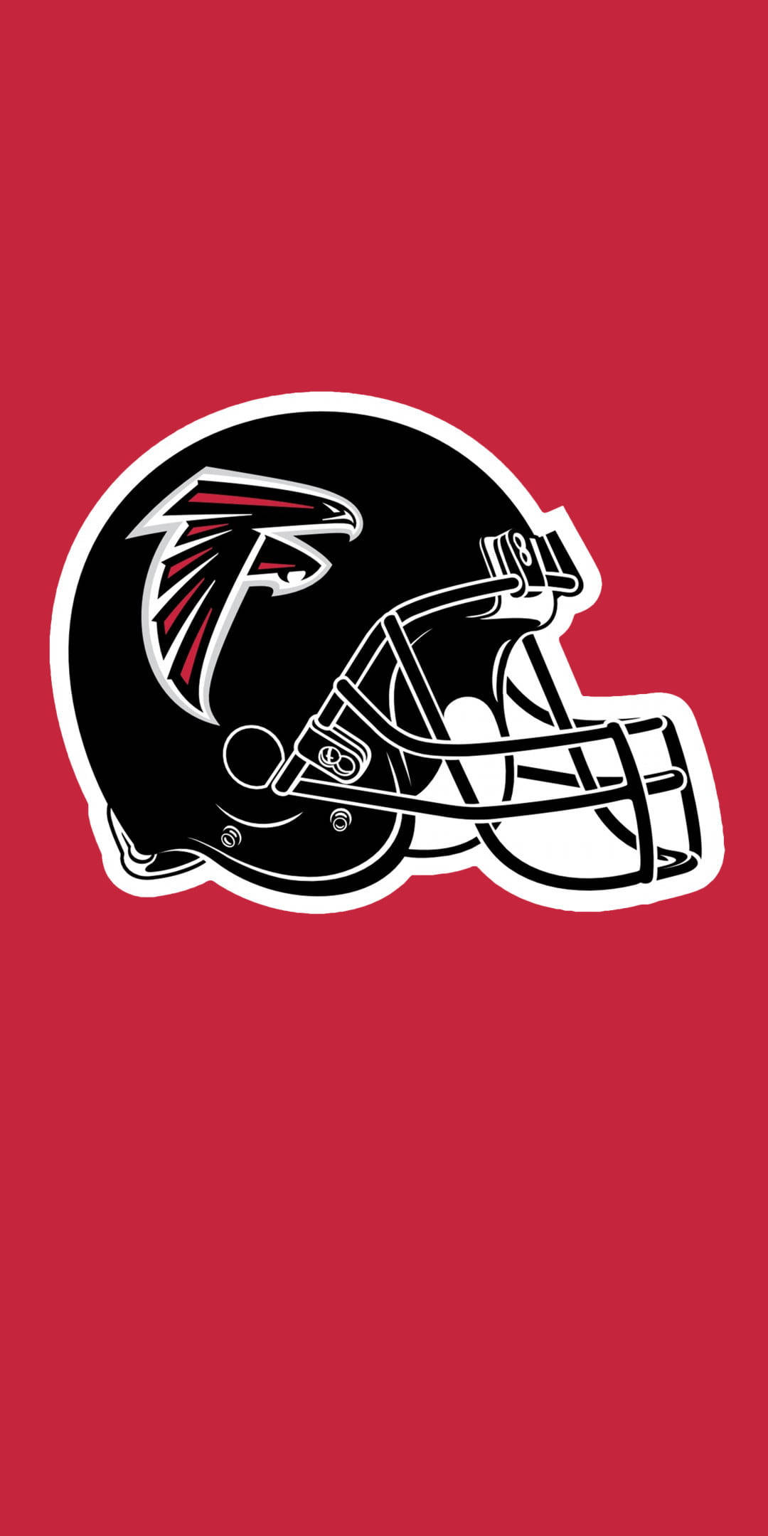 NFL Team Logo 桌布 壁紙 — 一個大膽的亞特蘭大獵鷹隊美式足球頭盔標誌，以黑色、白色和紅色呈現，在純紅色背景上脫穎而出。