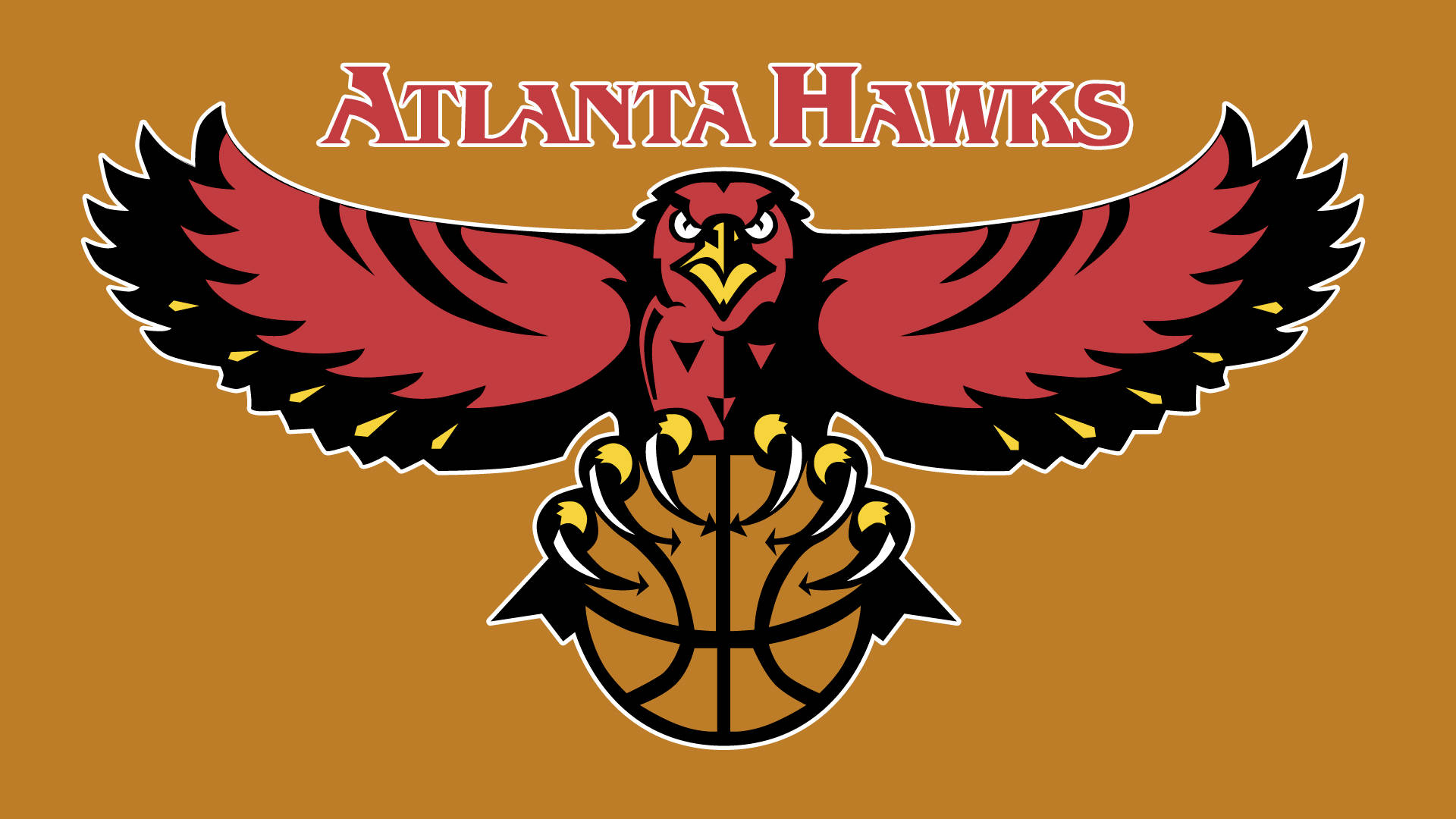 Hawks 桌布 壁紙 — 一個大膽的亞特蘭大老鷹隊標誌，以一隻紅鷹展開翅膀抓住籃球，背景為純棕色。