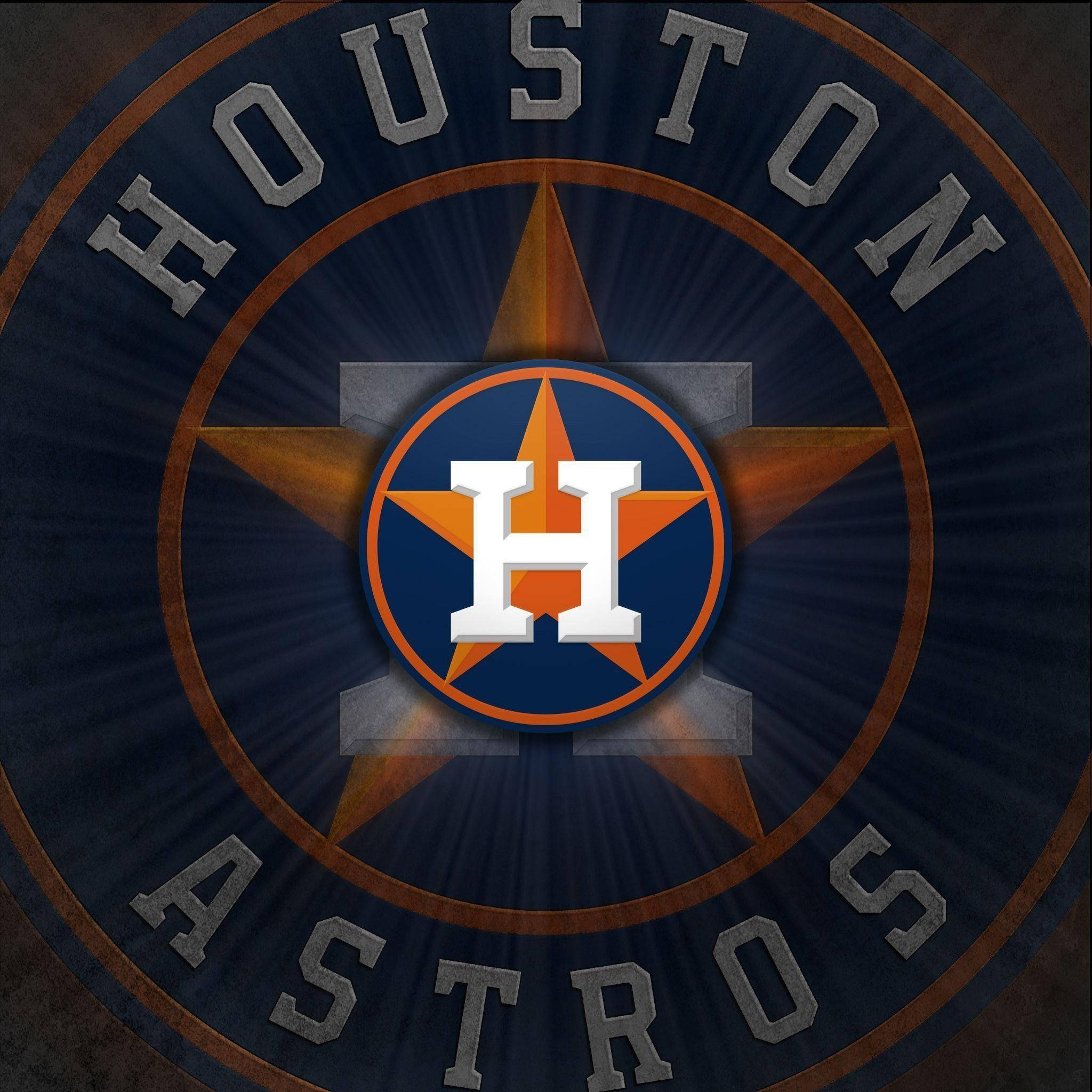 Astros 桌布 壁紙 — 一個大膽的休士頓太空人標誌，在深藍色圓形背景上有一個帶有放射線的橙色星星，上面有一個白色的H。