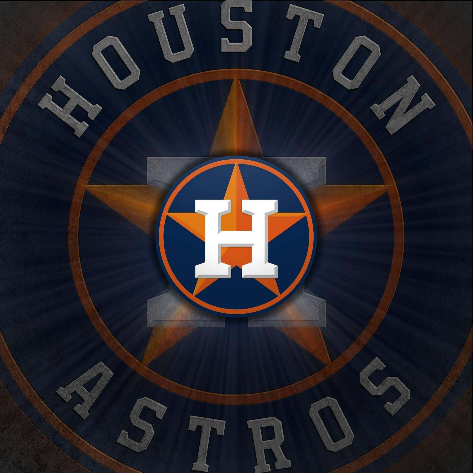 Astros 桌布 壁紙 — 一個大膽的休士頓太空人標誌，橙色星星上有一個白色H，位於帶有放射線的深藍色圓形徽章中央。
