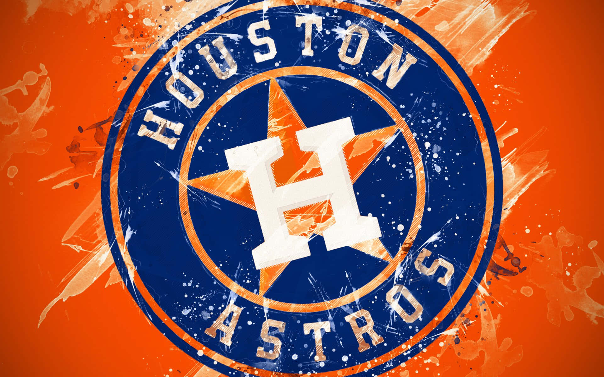 Astros 桌布 壁紙 — 一個大膽的休士頓太空人標誌，白色星星和字母H位於藍色圓圈中央，背景是充滿活力的橙色潑濺圖案。