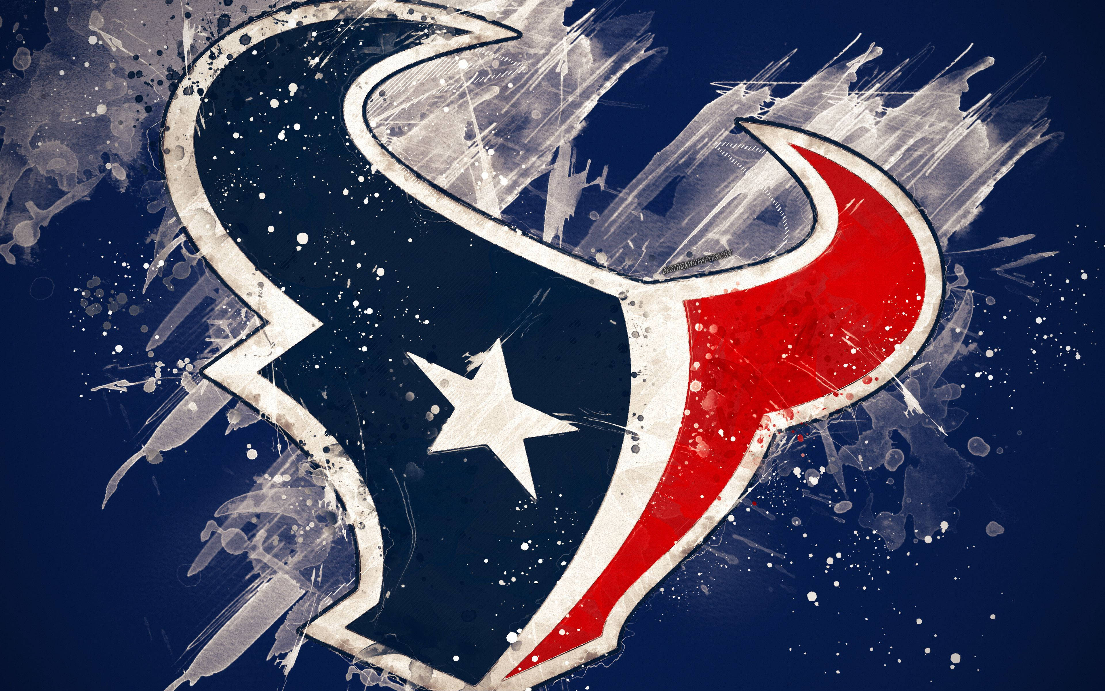 Texans 桌布 壁紙 — 一個大膽的休士頓德州人隊標誌，在深藍色背景上帶有紅色、白色和藍色的潑漆效果。