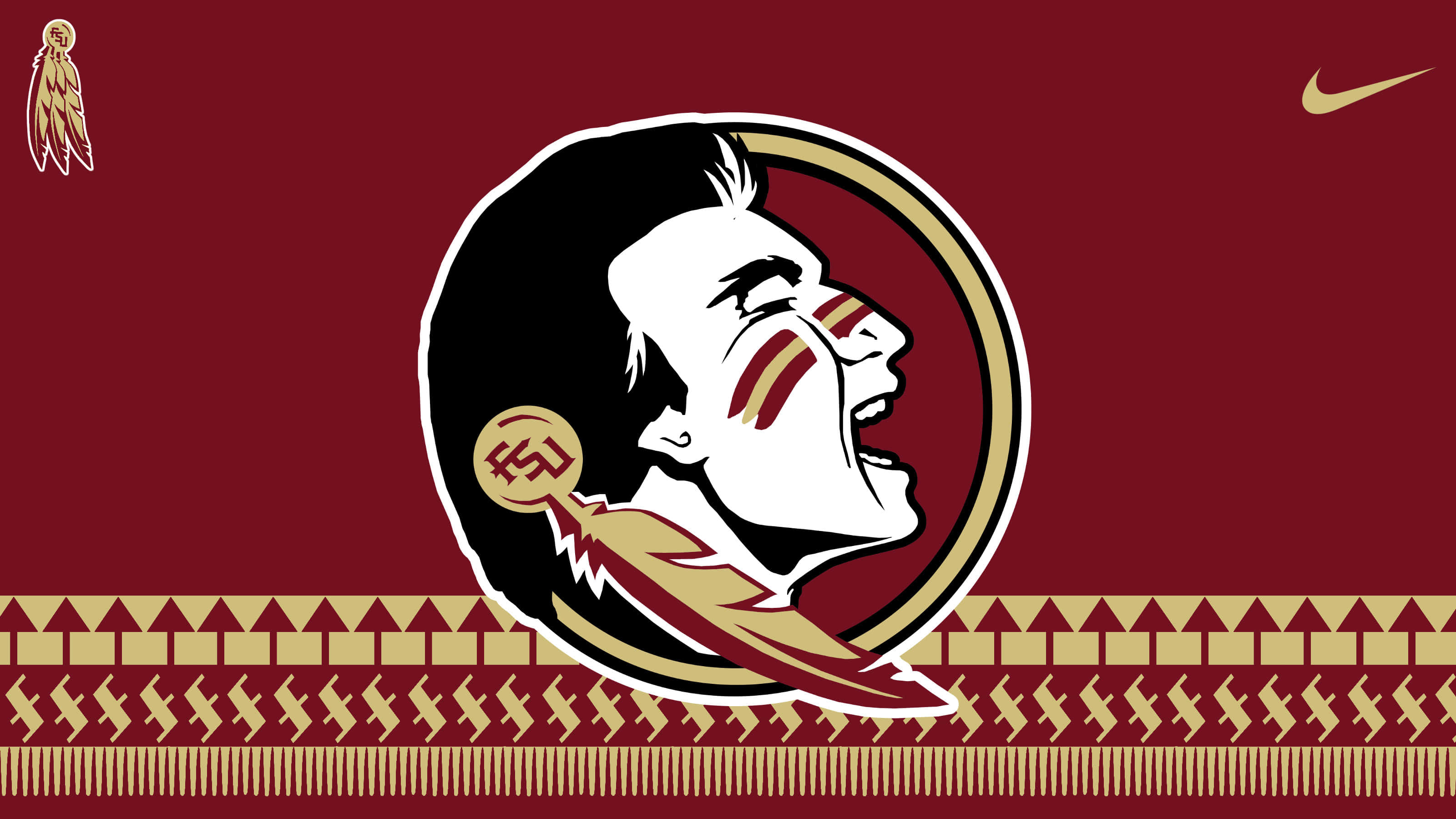 Fsu 桌布 壁紙 — 一個大膽的佛羅里達州立塞米諾爾人標誌，在栗色背景上有一個咆哮的美洲原住民酋長頭像，並帶有金色部落圖案。