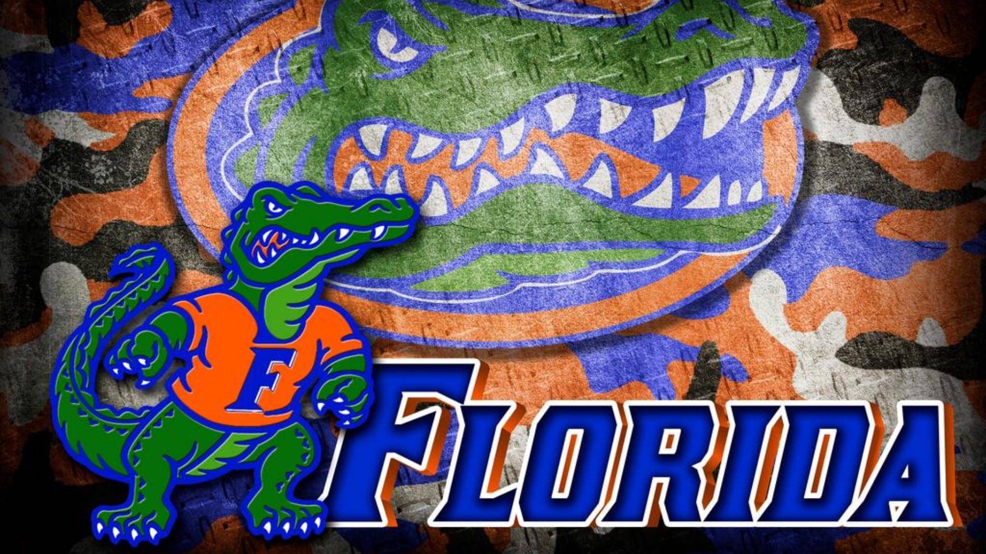 florida 桌布 壁紙 — 一個大膽的佛羅里達短吻鱷標誌，以綠色短吻鱷穿著橙色球衣，上面有「F」，背景為紋理迷彩。