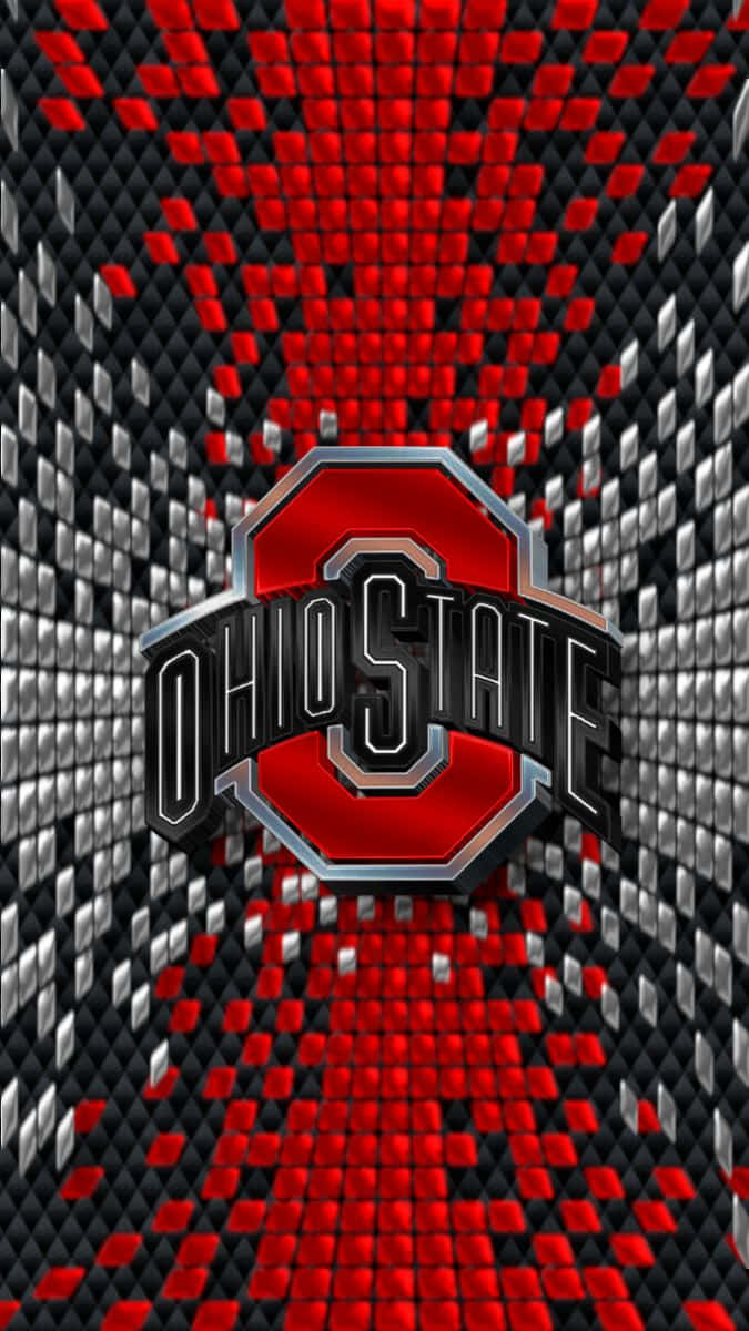 Ohio State iPhone 桌布 壁紙 — 一個大膽的俄亥俄州立大學標誌，居中在動態的紅色、黑色和銀色像素化背景上。
