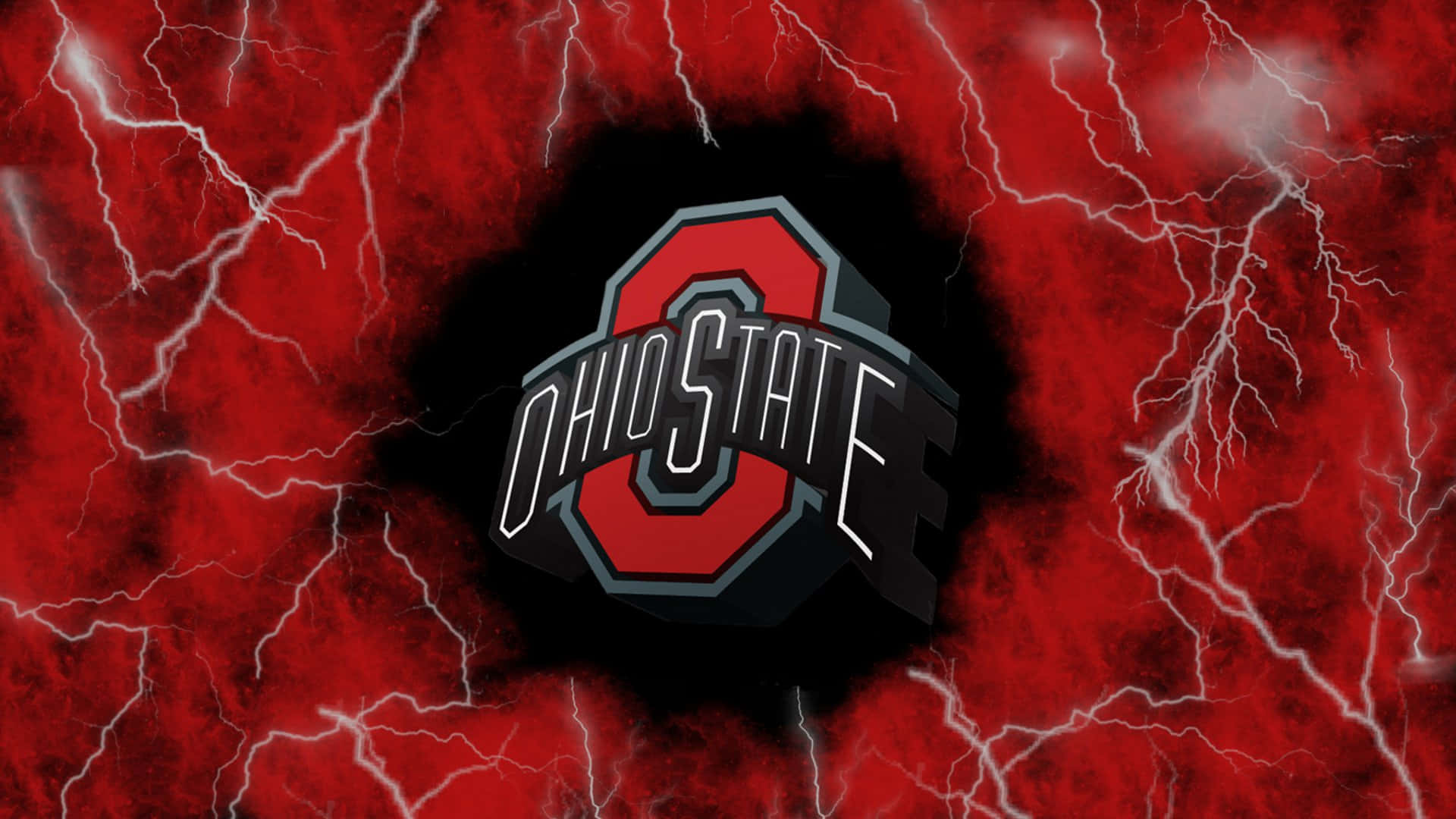 Ohio State Football 桌布 壁紙 — 一個大膽的俄亥俄州立大學標誌從一個帶有白色閃電裂紋的暴風雨紅色背景中浮現。