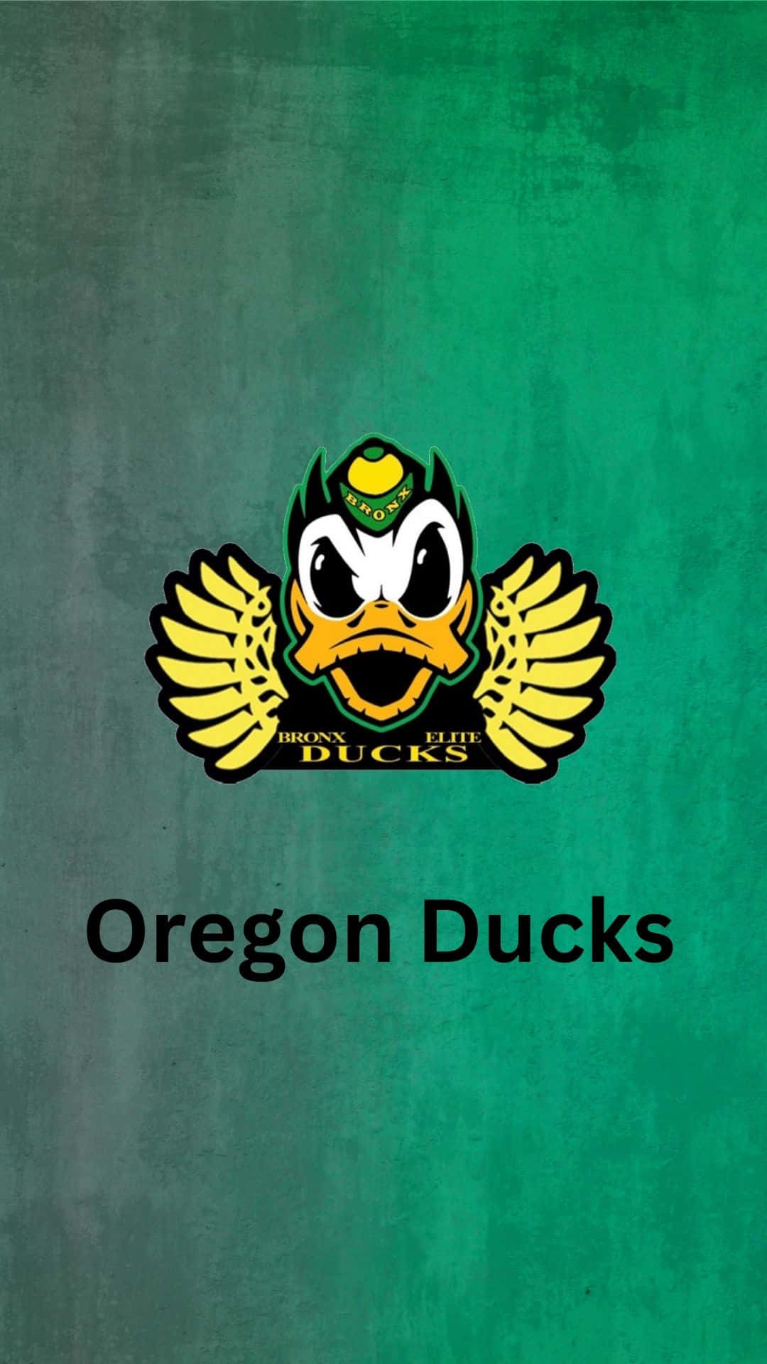 Oregon Ducks 桌布 壁紙 — 一個大膽的俄勒岡鴨子吉祥物標誌，黃色翅膀和綠色頭盔居中在紋理青色背景上。