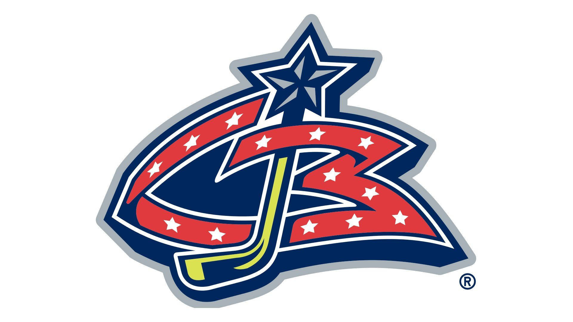 Columbus Blue Jackets 桌布 壁紙 — 一個大膽的冰球隊標誌，以風格化的「C」和「B」交織著星星和紅白條紋橫幅。