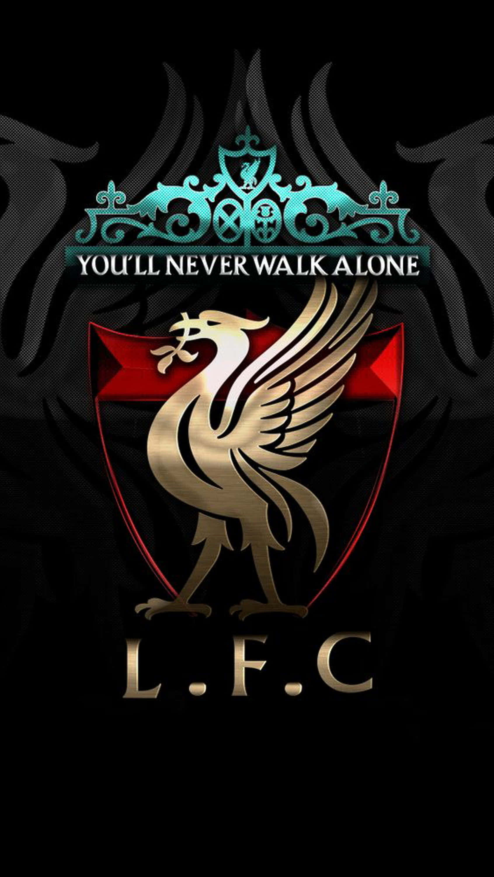 Liverpool Logo 桌布 壁紙 — 一個大膽的利物浦足球俱樂部徽章，紅色盾牌上有一隻金色的利物鳥，背景為黑色，帶有發光的青綠色點綴。