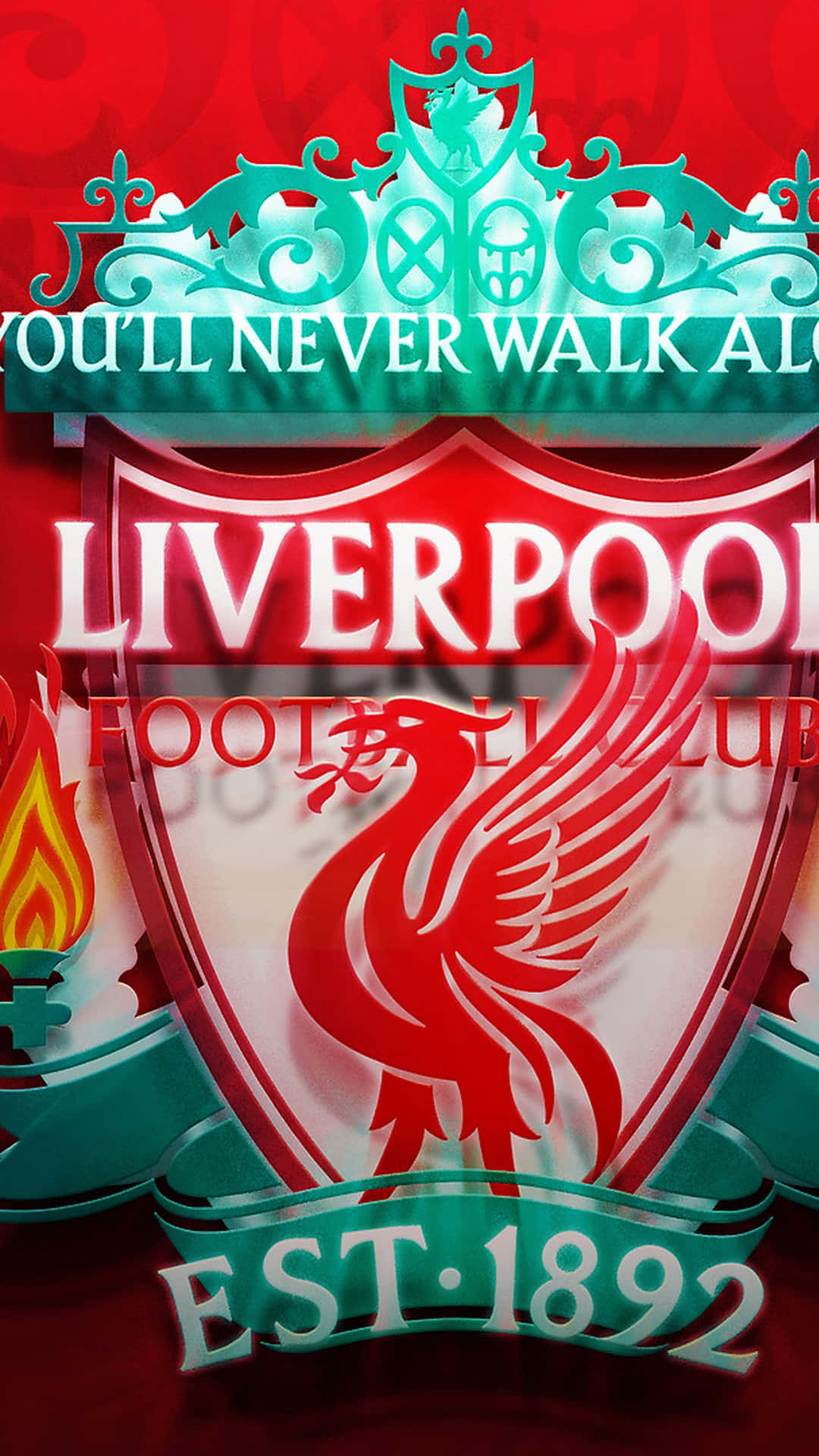 Liverpool iPhone 桌布 壁紙 — 一個大膽的利物浦足球俱樂部徽章，帶有紅色的利物鳥和綠色華麗王冠，背景是鮮豔的紅色。