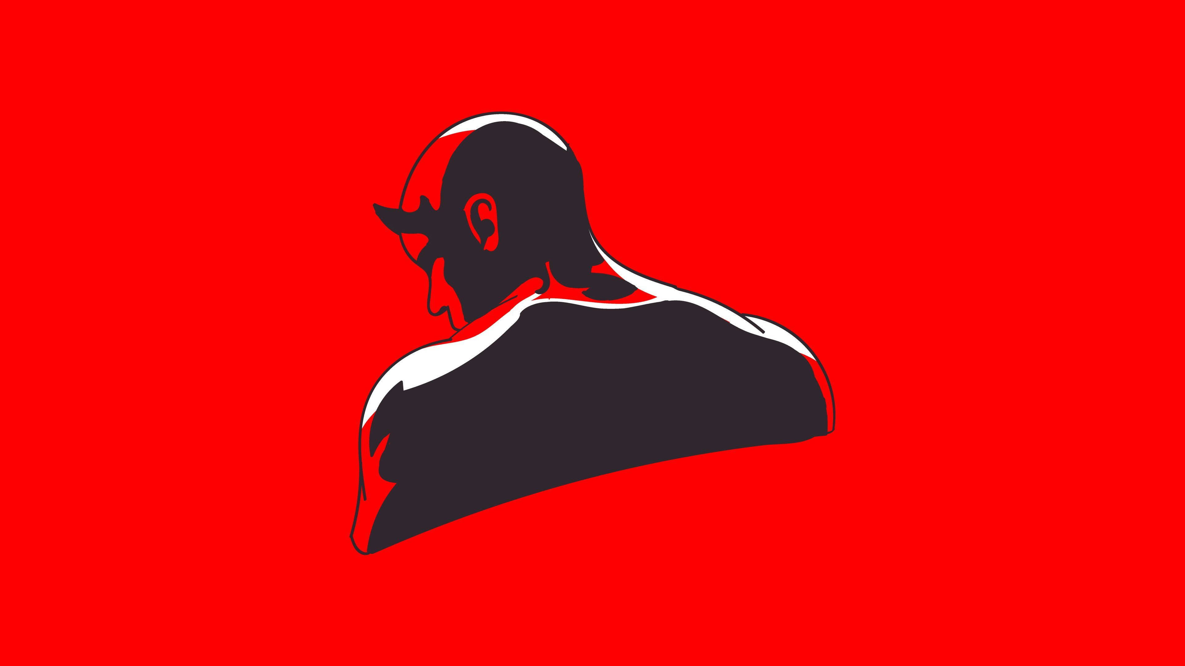 Marvel Aesthetic 桌布 壁紙 — 一個大膽的剪影，描繪一個帶有角和紅色點綴的惡魔般人物，背景是鮮豔的紅色。