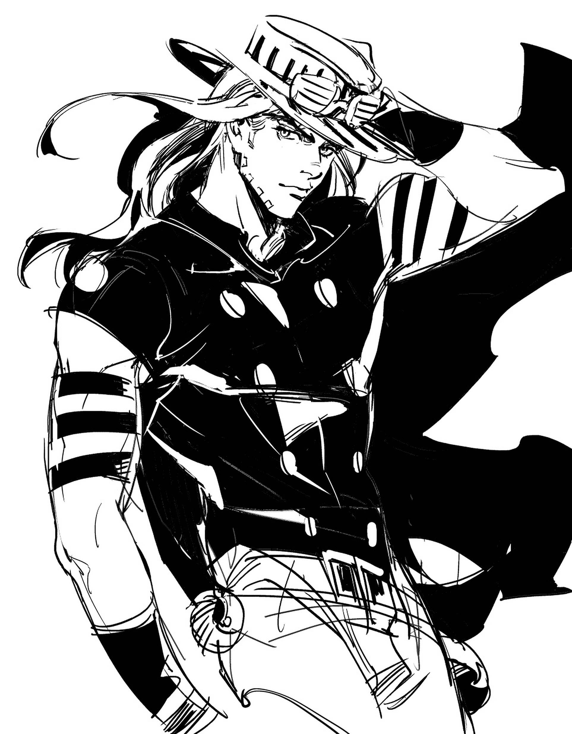 Gyro Zeppeli 桌布 壁紙 — 一個大膽的動漫角色，戴著寬邊帽和條紋服裝，以動態素描風格自信地擺姿勢。
