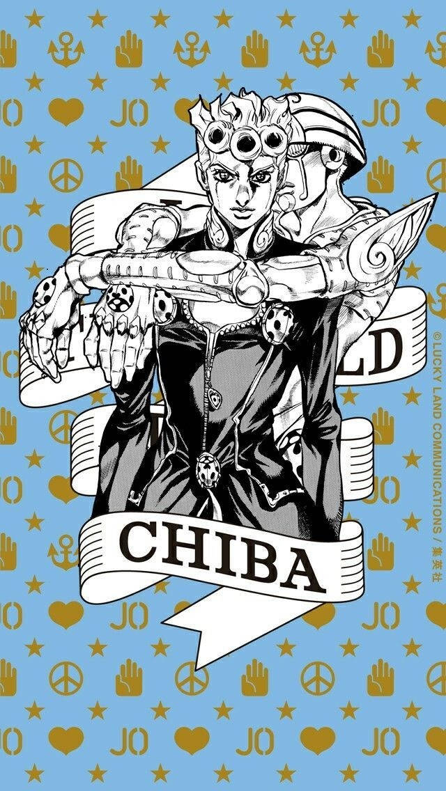動漫男孩 桌布 壁紙 — 一個大膽的動漫角色，有三隻眼睛和華麗的盔甲，站在帶有金色符號圖案的藍色背景前。