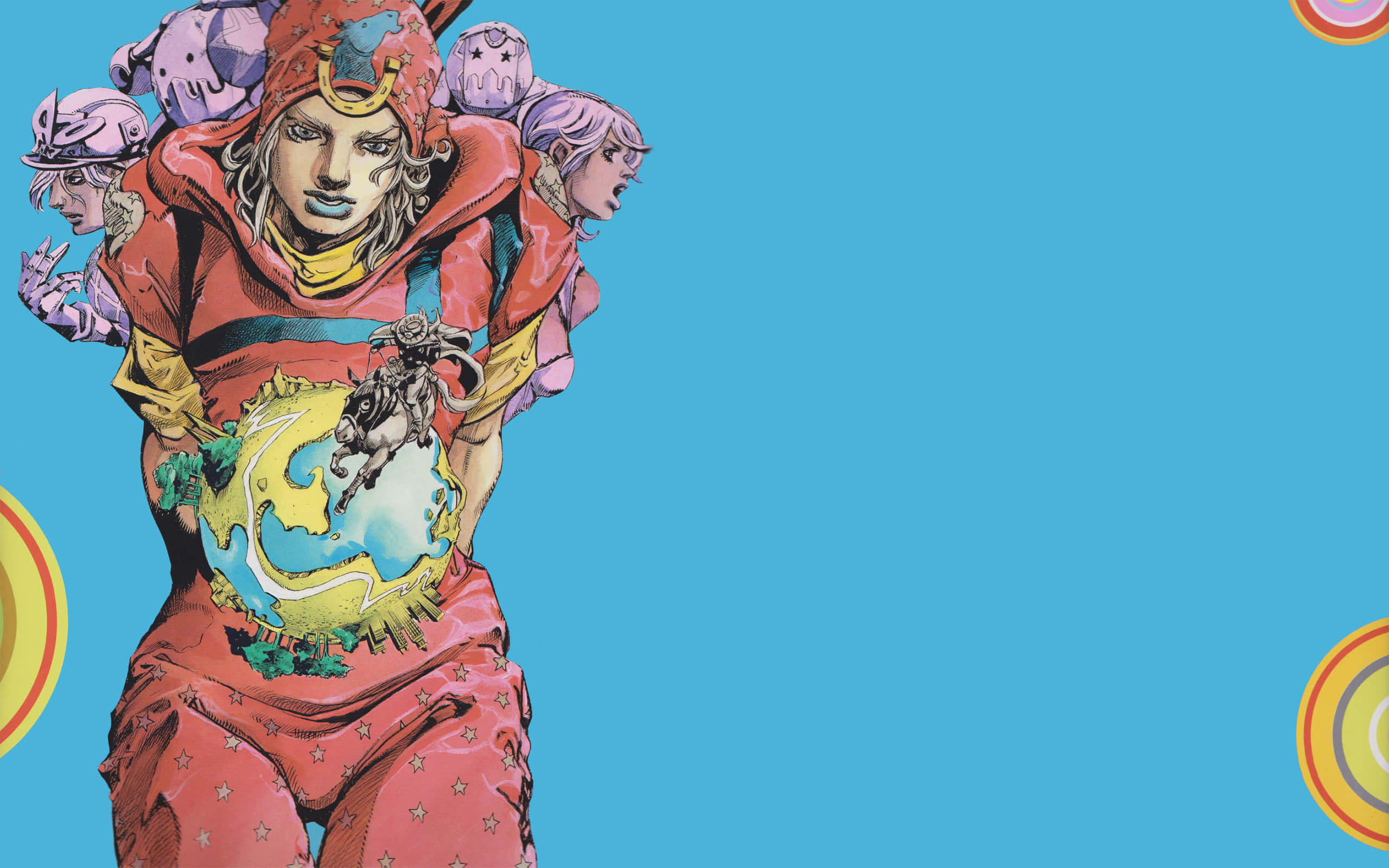 Jojo Steel Ball Run 桌布 壁紙 — 一個大膽的動漫角色，身穿紅色服裝，腹部有地球儀，周圍漂浮著頭顱，背景為明亮的藍色。