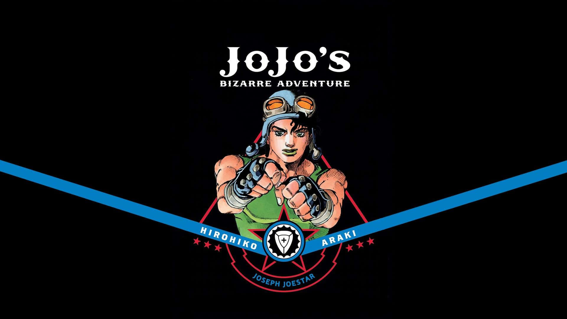 joseph joestar 桌布 壁紙 — 一個大膽的動漫角色，身穿綠色襯衫和護目鏡，在帶有藍色對角線條紋和標題文字的黑色背景前指向前方。