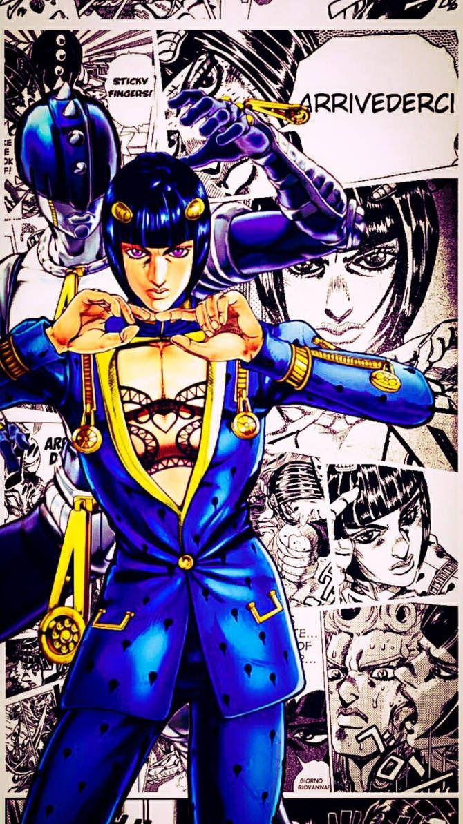 Jojo Phone 桌布 壁紙 — 一個大膽的動漫角色穿著帶有金色裝飾的藍色西裝，在漫畫面板拼貼畫前擺出姿勢。
