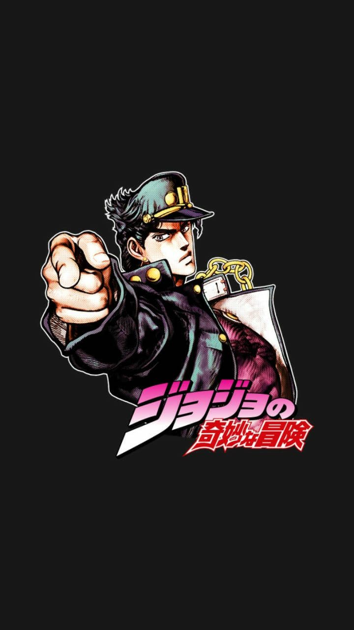 Jojo Phone 桌布 壁紙 — 一個大膽的動漫角色穿著軍裝風格外套，在黑色背景下以強烈的表情指向前方。
