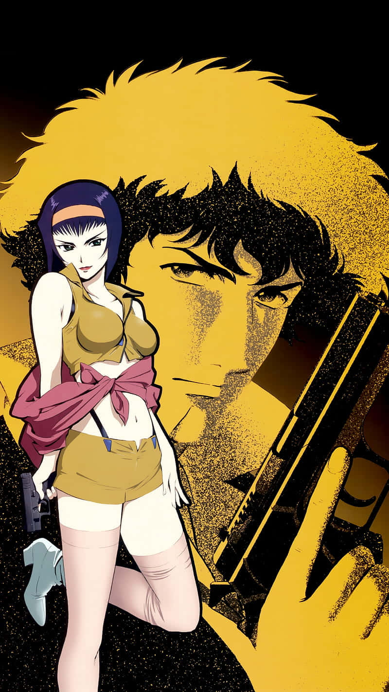 Faye Valentine 桌布 壁紙 — 一個大膽的動漫風格插圖，描繪一位紫髮女性手持槍枝，背景是一個巨大的黃色男性面孔也手持槍枝。