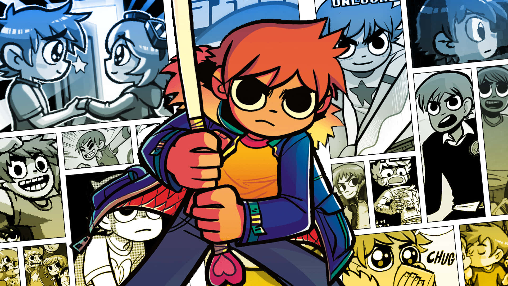 scott pilgrim 桌布 壁紙 — 一個大膽的動漫風格角色，紅髮，在一個由各種表情豐富的角色組成的漫畫面板拼貼中緊握著劍。