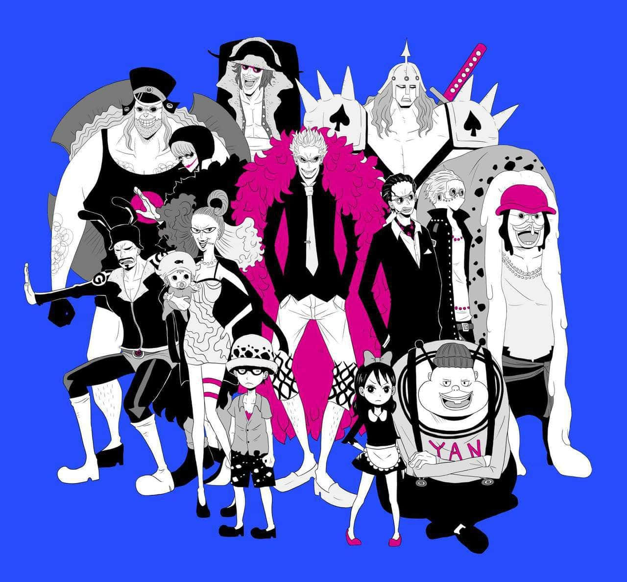 Donquixote Family 桌布 壁紙 — 一個大膽的動畫團體肖像，描繪《航海王》角色以黑色、白色和鮮豔粉紅色呈現，背景為純藍色。