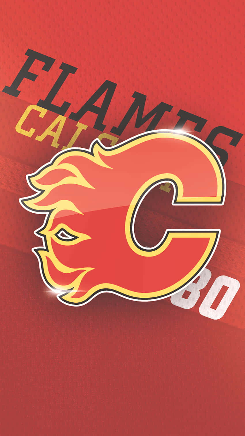 Calgary Flames 桌布 壁紙 — 一個大膽的卡加利火焰隊標誌，在帶有紋理的紅色球衣布料上呈現火熱的「C」和「80」。