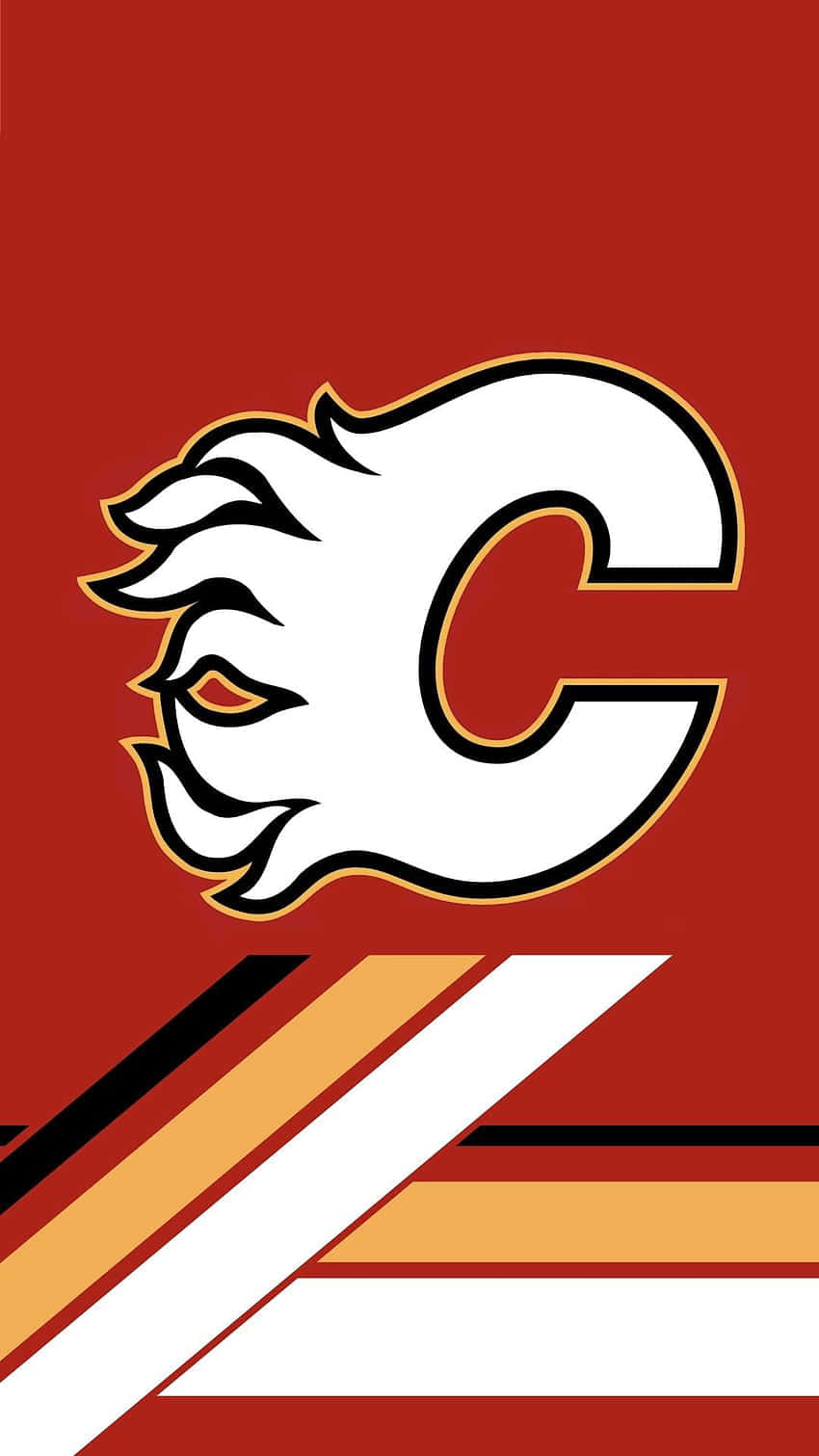 Calgary Flames 桌布 壁紙 — 一個大膽的卡加利火焰隊標誌，在深紅色背景上帶有對角線條紋，'C' 內有一個風格化的白色火焰。