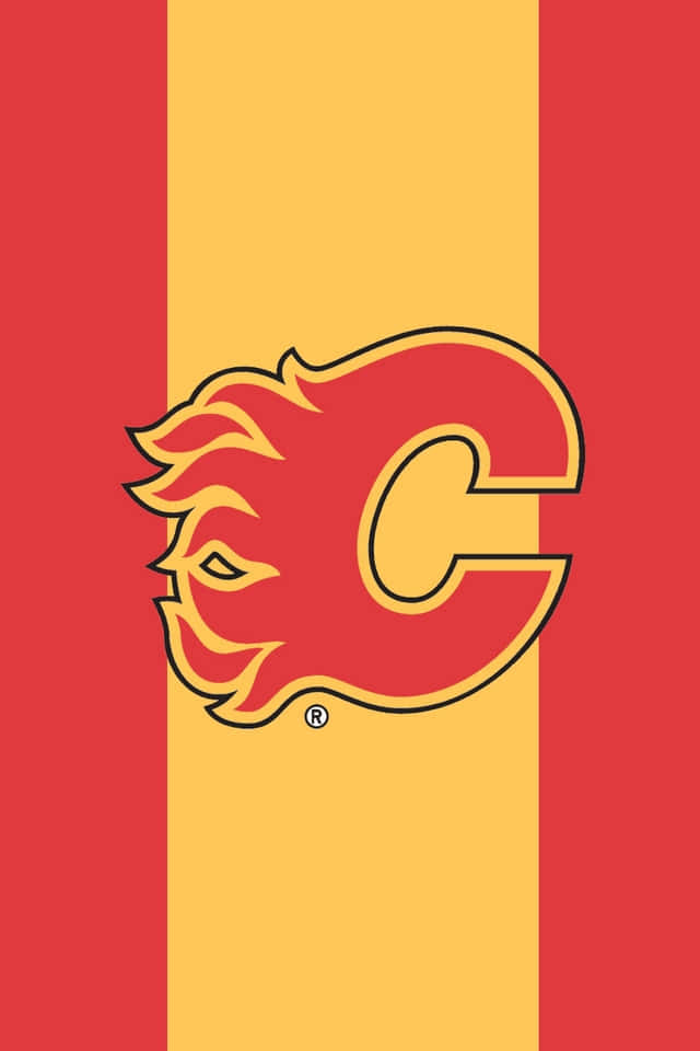 Calgary Flames 桌布 壁紙 — 一個大膽的卡加利火焰隊標誌，在紅色和黃色垂直條紋背景中央的 'C' 內有一個風格化的紅色和黃色火焰。