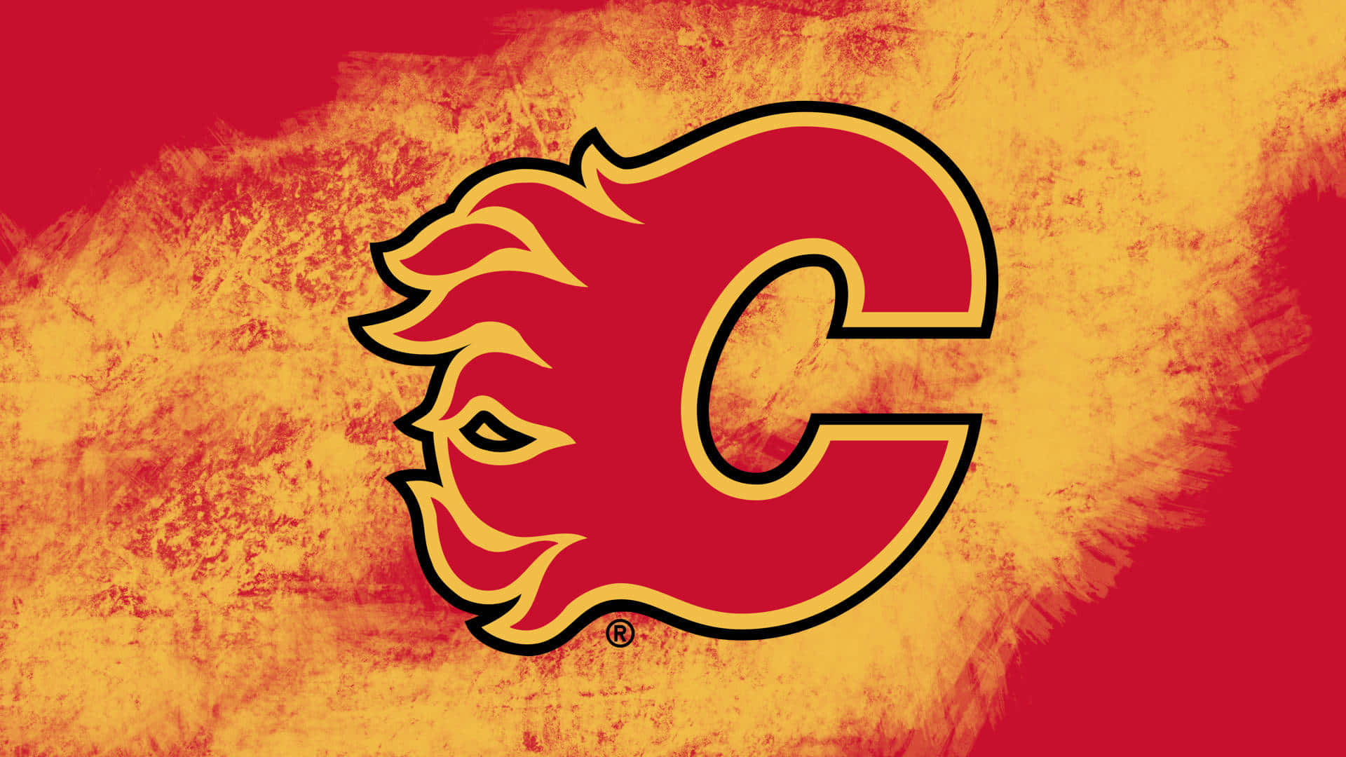 Calgary Flames 桌布 壁紙 — 一個大膽的卡加利火焰隊標誌，帶有火紅和金色的筆觸背景。