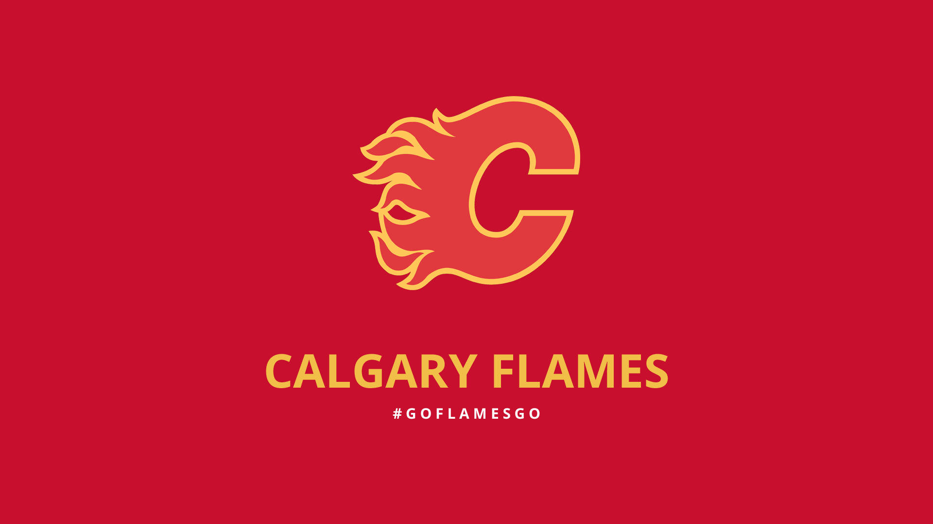 Flames 桌布 壁紙 — 一個大膽的卡加利火焰隊標誌，採用黃色風格化火焰設計，置於純紅色背景上，下方有球隊名稱和主題標籤。