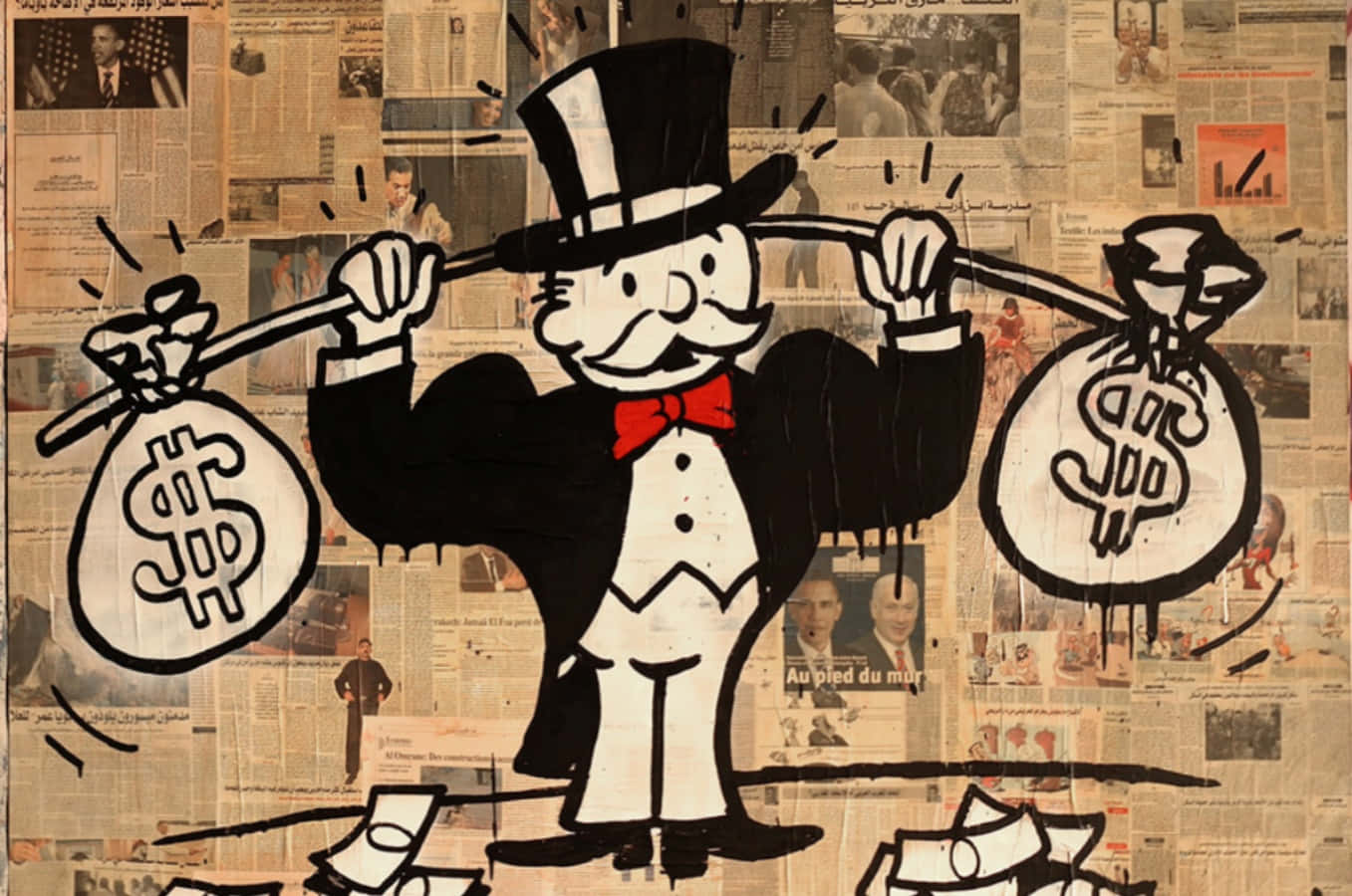 Monopoly Man 桌布 壁紙 — 一個大膽的卡通壟斷者戴著高帽，肩上扛著錢袋，背景是報紙剪報拼貼。