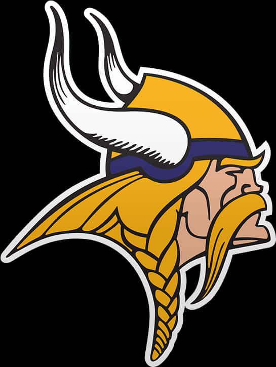 Vikings Logo 桌布 壁紙 — 一個大膽的卡通維京戰士，戴著角盔和辮子鬍鬚，背景為黑色。