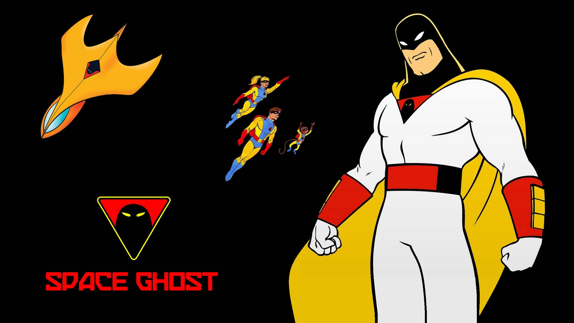 Space Ghost 桌布 壁紙 — 一個大膽的卡通超級英雄，身穿白色和黃色，在黑色背景下與飛行的盟友和發光的橙色太空船並肩作戰。