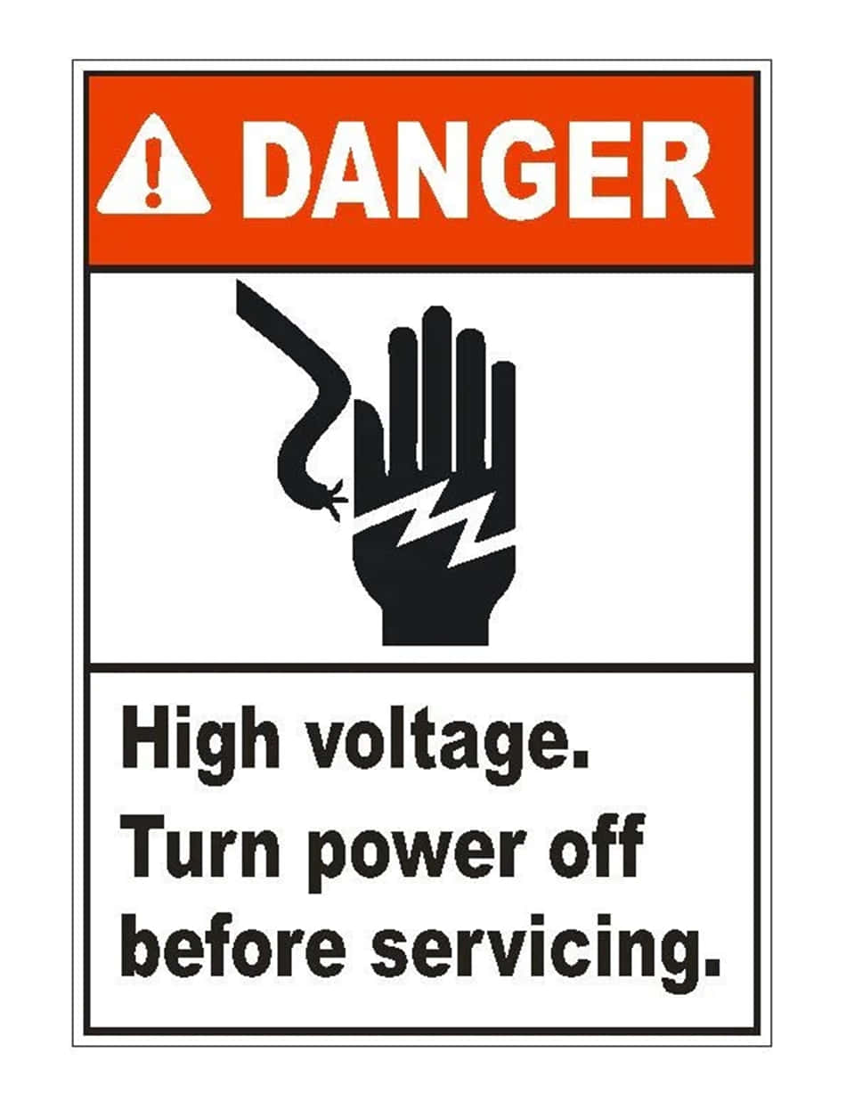 Warning Sign 桌布 壁紙 — 一個大膽的危險標誌警告高電壓，帶有被閃電擊中的黑色手圖標和指示在維修前關閉電源的文字。