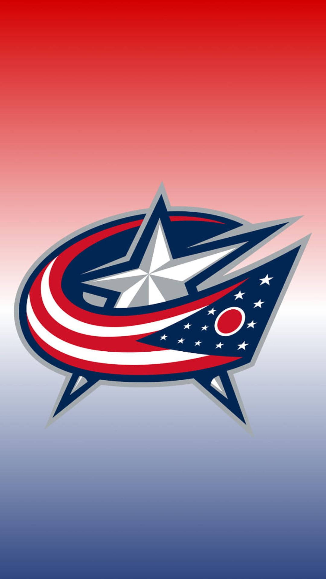 Columbus Blue Jackets 桌布 壁紙 — 一個大膽的哥倫布藍夾克標誌，帶有銀色星星和紅白藍條紋，背景為紅色到藍色的漸變。