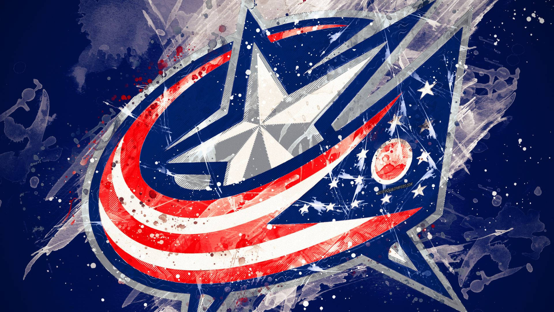 Columbus Blue Jackets 桌布 壁紙 — 一個大膽的哥倫布藍夾克標誌，帶有紅、白、藍條紋和星星，散落在深藍色背景上。