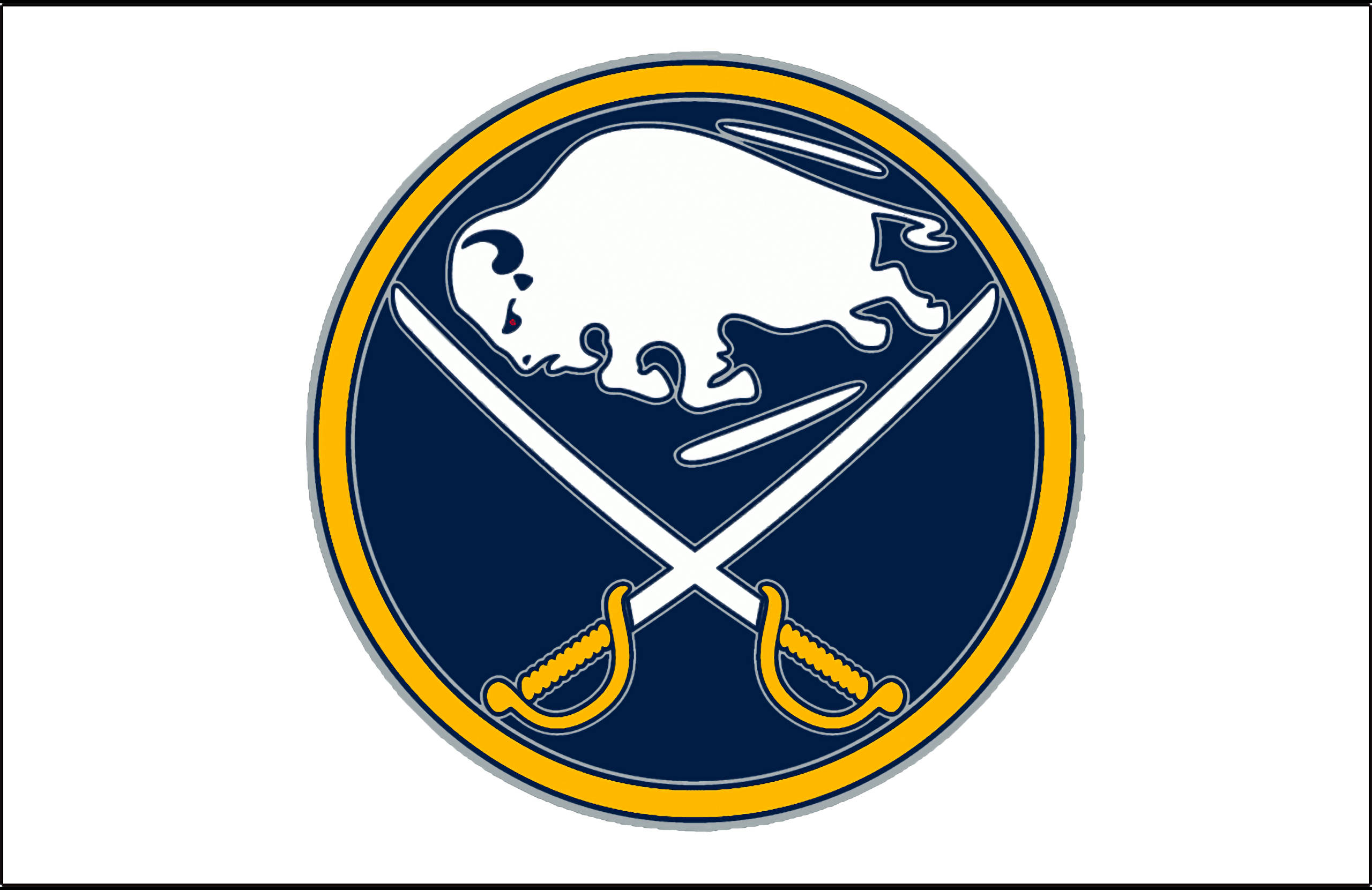 Sabres 桌布 壁紙 — 一個大膽的圓形標誌，在深藍色背景上，金色邊框內，有一隻白色水牛剪影位於交叉劍之上。