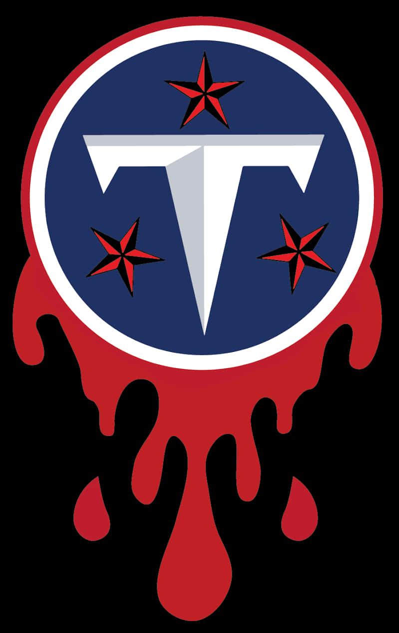 Titans Logo 桌布 壁紙 — 一個大膽的圓形標誌，藍色背景上有白色T字和三個紅色星星，黑色背景上滴落紅色液體。
