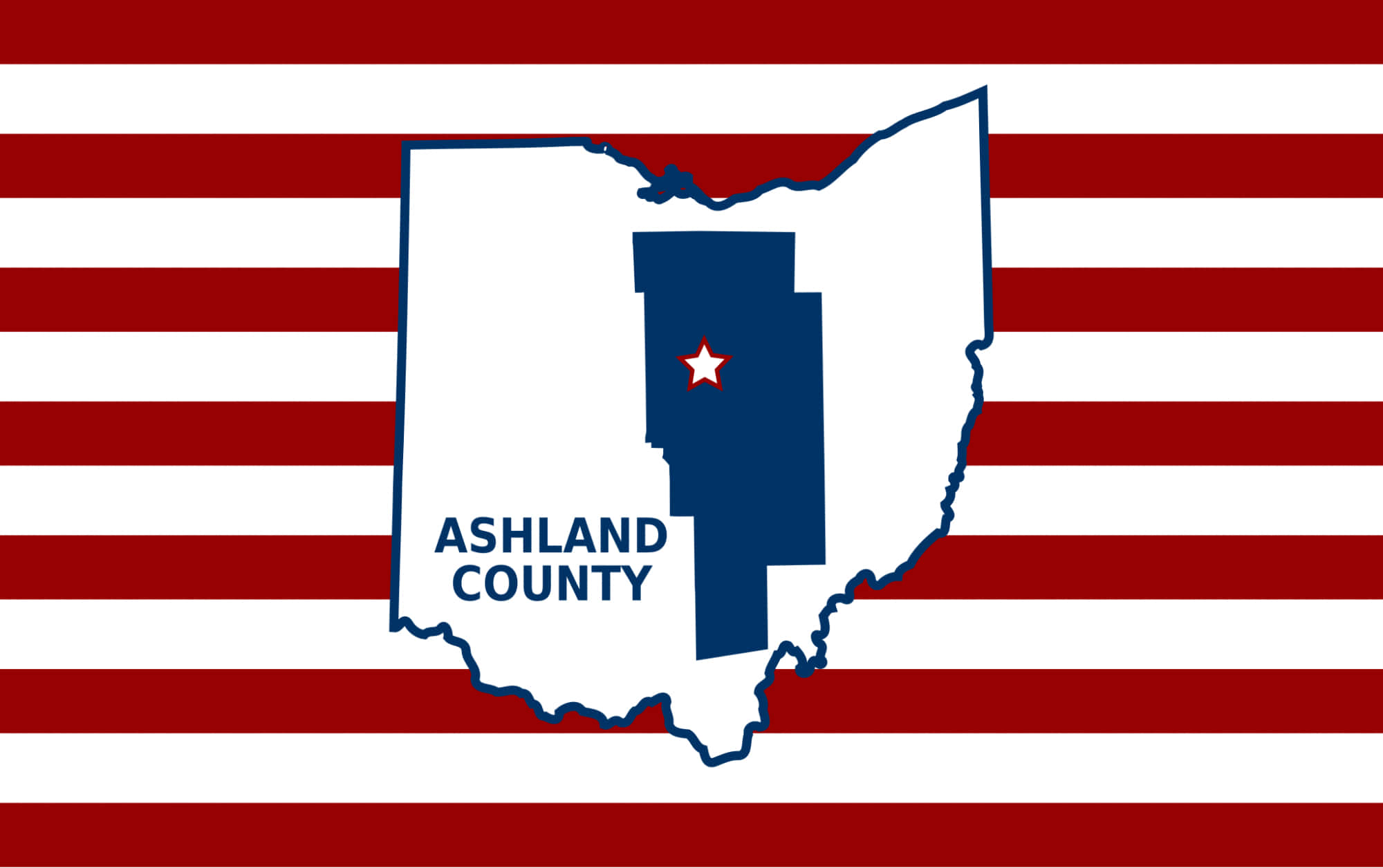 Ashland County 桌布 壁紙 — 一個大膽的圖形，以白色勾勒出俄亥俄州阿什蘭縣，內部為藍色，紅色星星置於紅白條紋背景上。