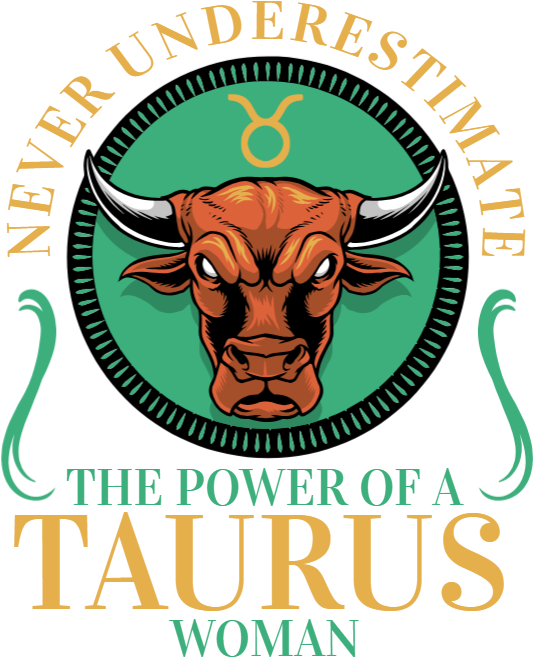 aquarius 桌布 壁紙 — 一個大膽的圖形，包含兇猛的公牛頭、金牛座符號以及宣揚金牛座女性力量的文字。