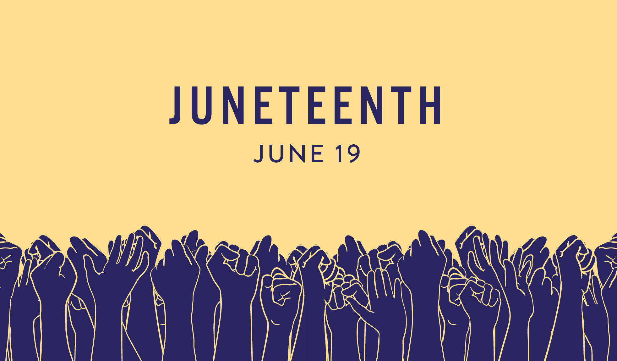 Juneteenth 桌布 壁紙 — 一個大膽的圖形，在溫暖的黃色背景上以海軍藍色舉起拳頭，慶祝6月19日的六月節。