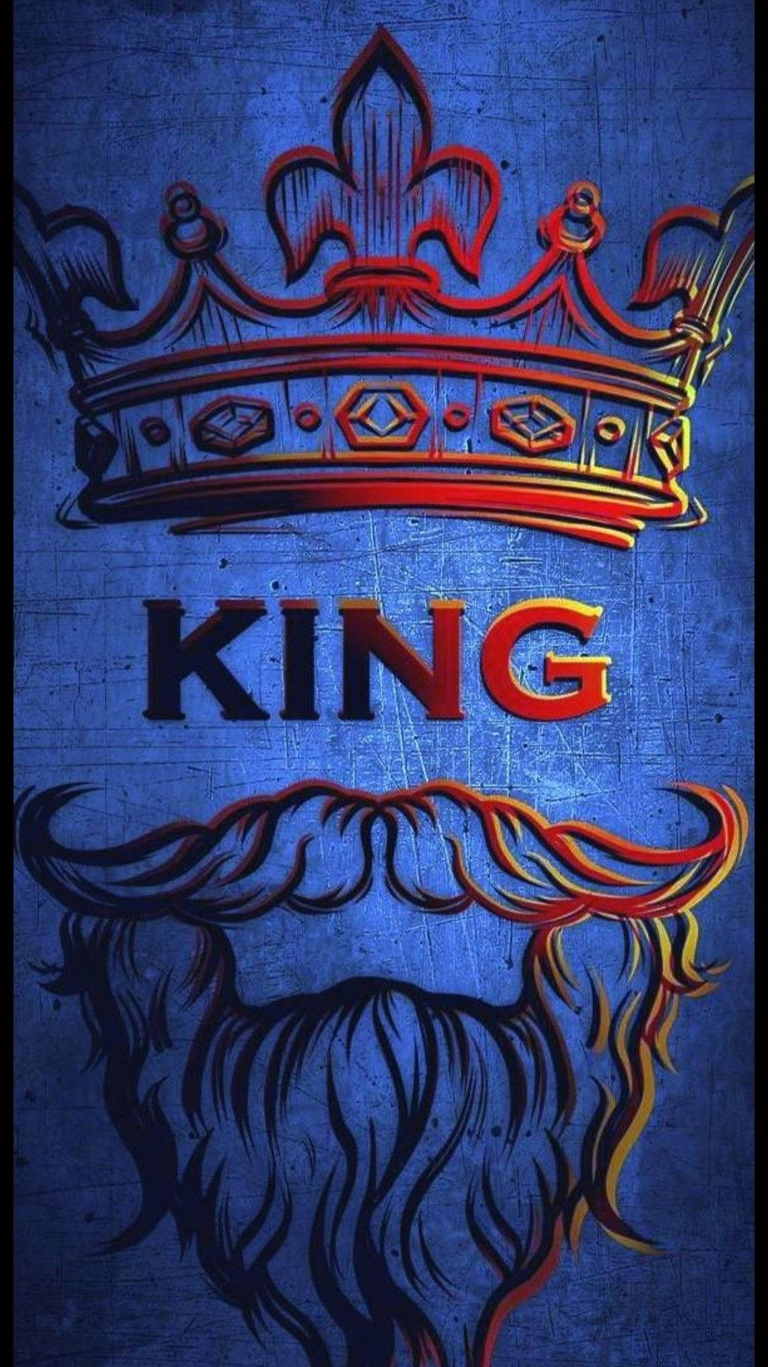 一個風格化的皇冠和鬍鬚圖形，帶有 king 字樣，位於藍色紋理背景上。 — 國王 GIF 壁紙