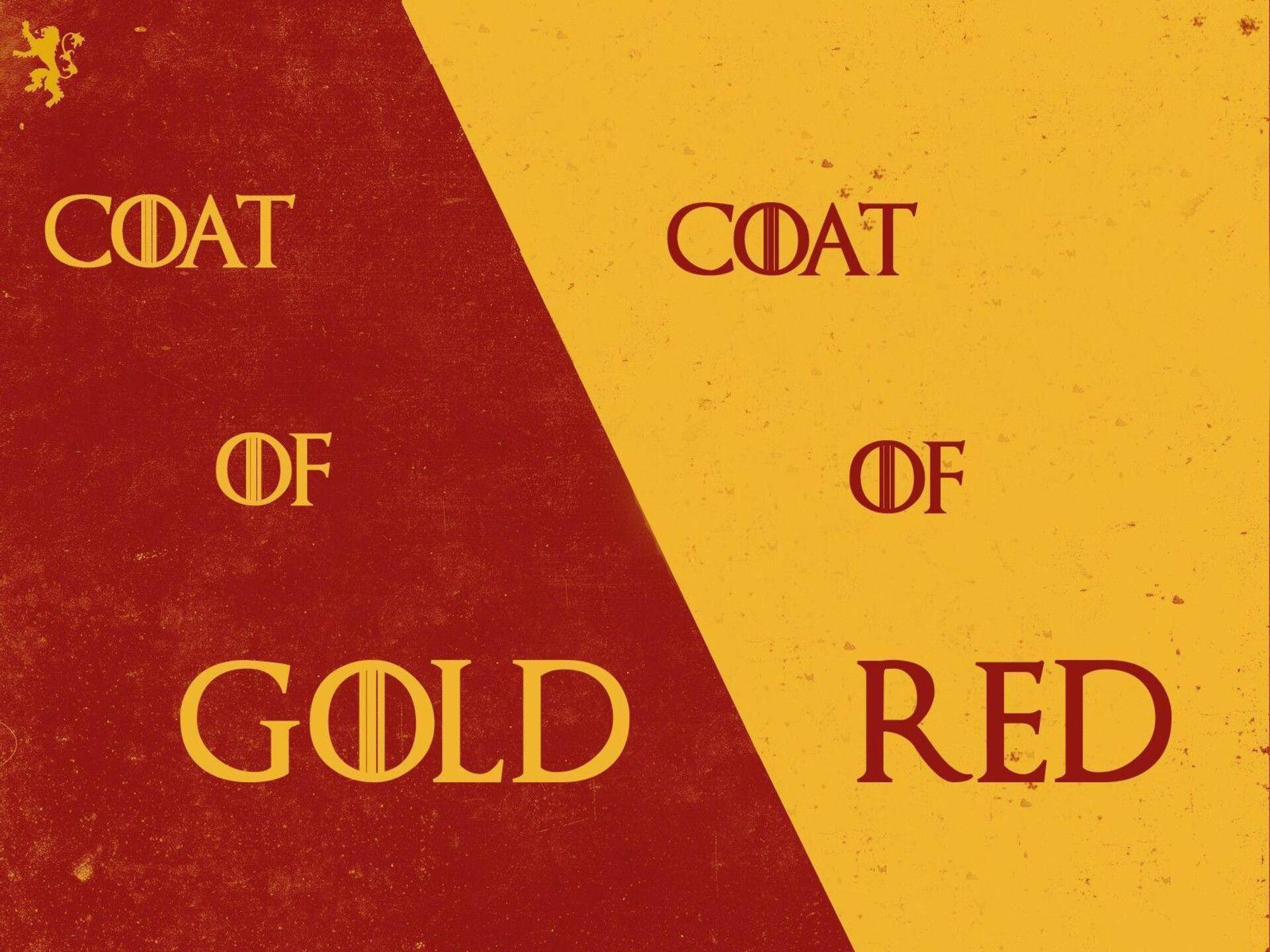 House Lannister 桌布 壁紙 — 一個大膽的圖形，對角線分割成紅色和金色部分，以對比色顯示文字「COAT OF GOLD」和「COAT OF RED」。