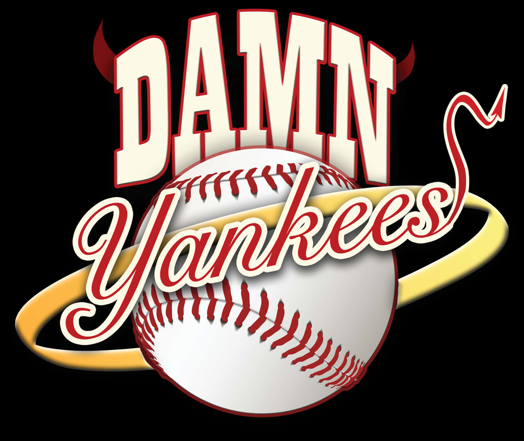 Yankees Logo 桌布 壁紙 — 一個大膽的圖形，棒球上有'DAMN Yankees'文字和魔鬼角，背景為黑色。