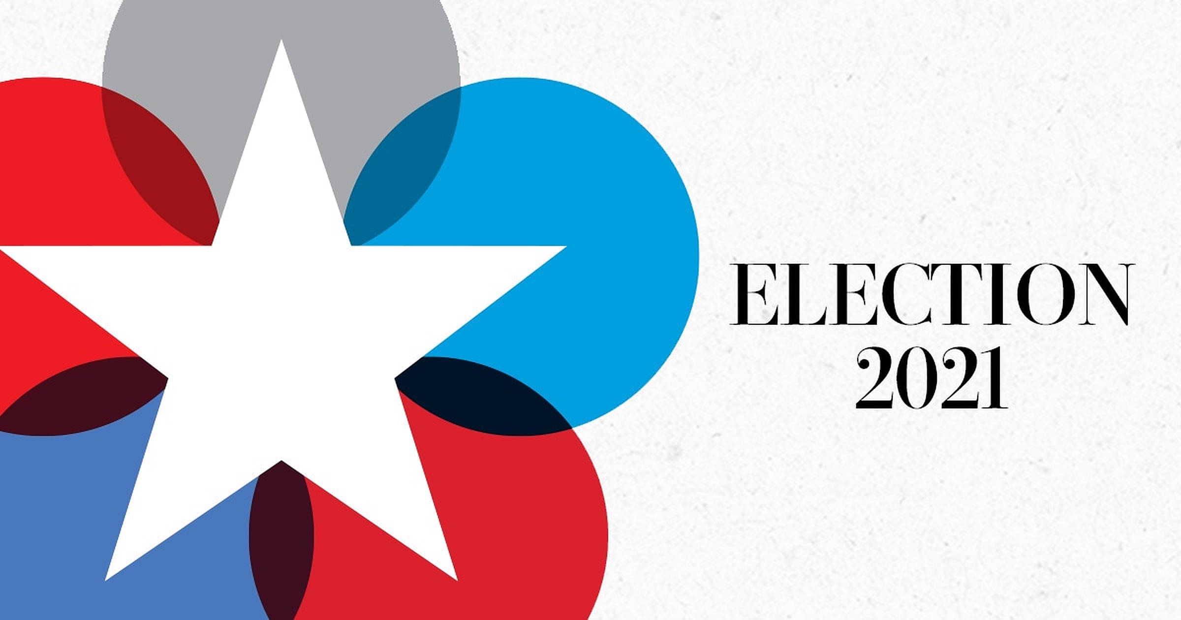 Election 桌布 壁紙 — 一個大膽的圖形，白色星星被重疊的紅色、藍色和灰色圓圈包圍，文字為 election 2021，背景有紋理。