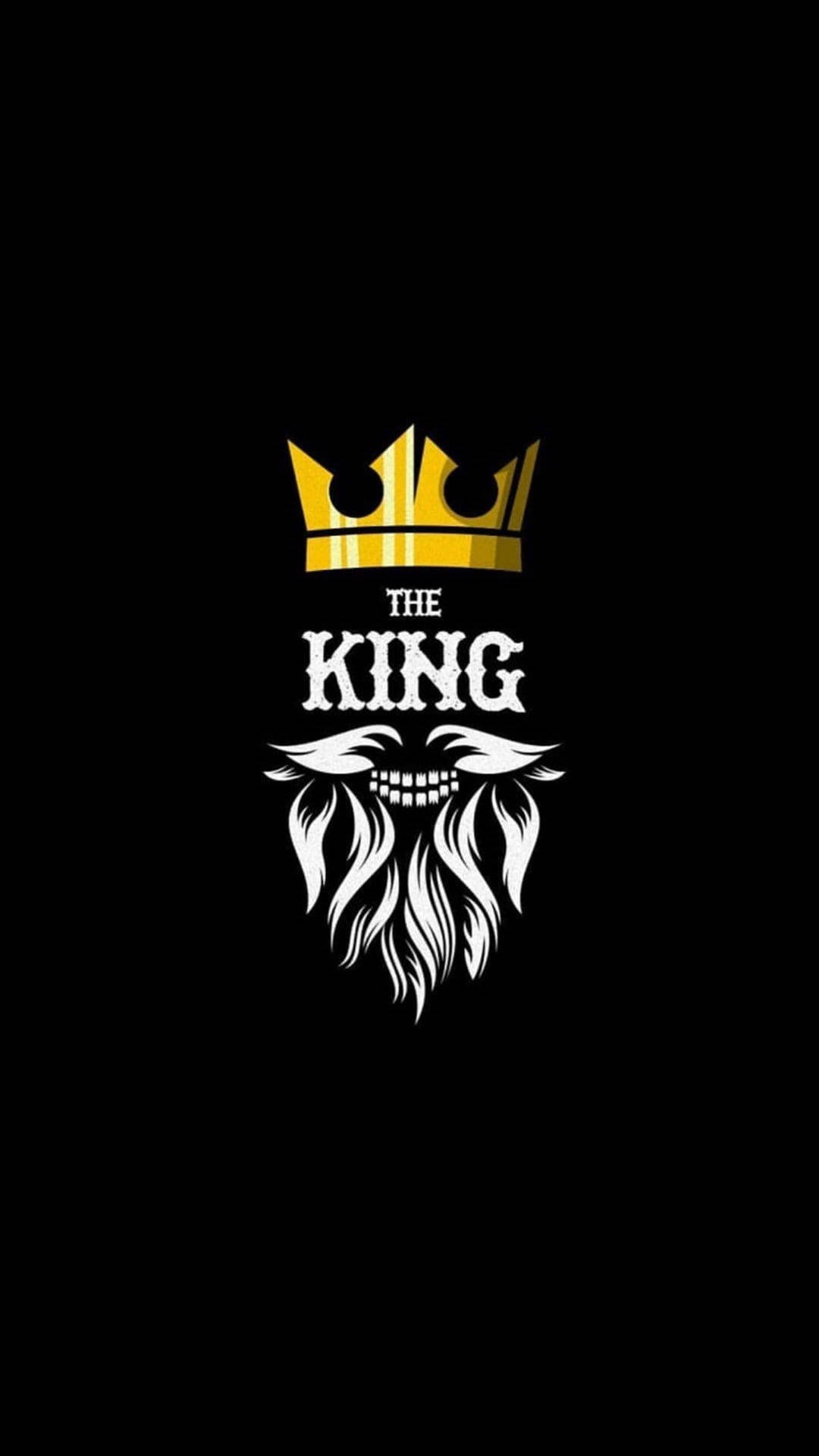 king iPhone 桌布 壁紙 — 一個大膽的圖形，金色皇冠位於「king」字樣上方，並有風格化的白色鬍鬚，牙齒從黑色背景中露出。